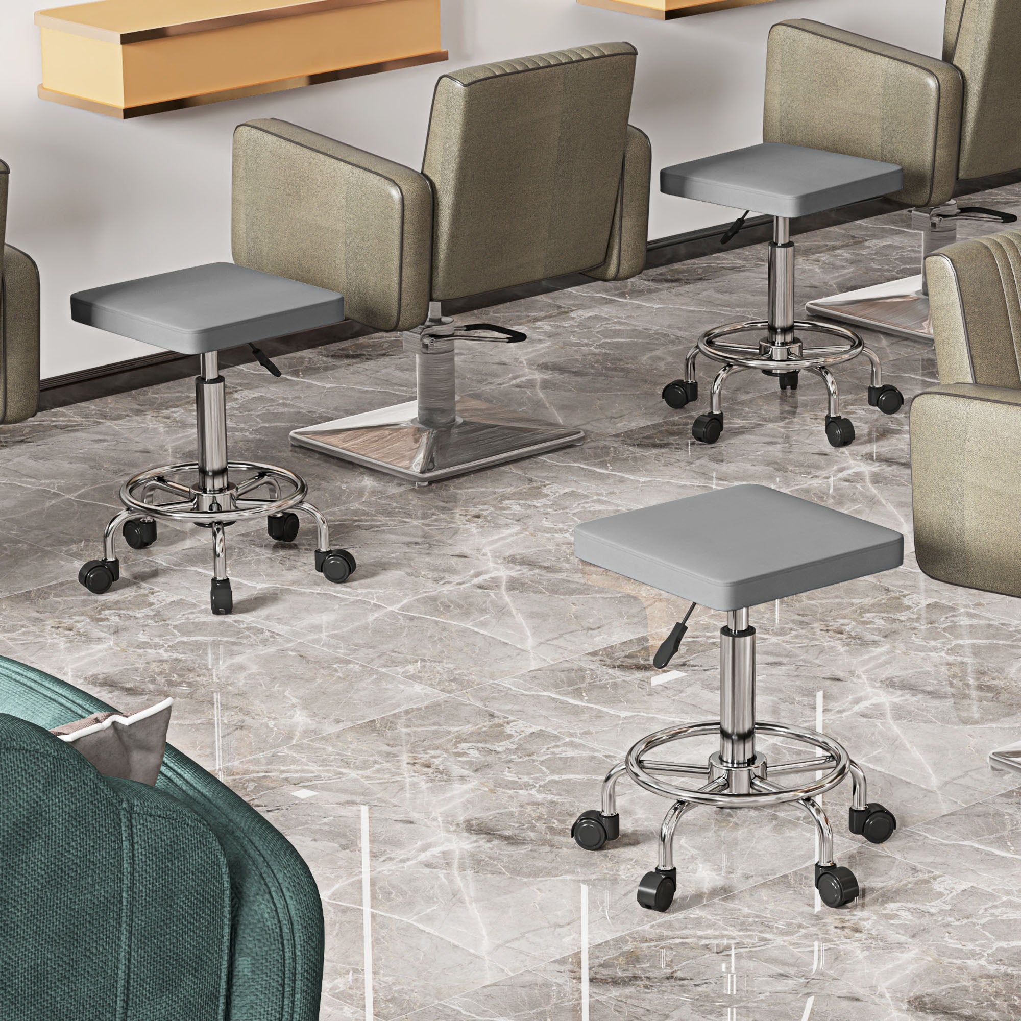 Adjustable PU Leather Rolling Stool with Footrest and Wheels - Grey