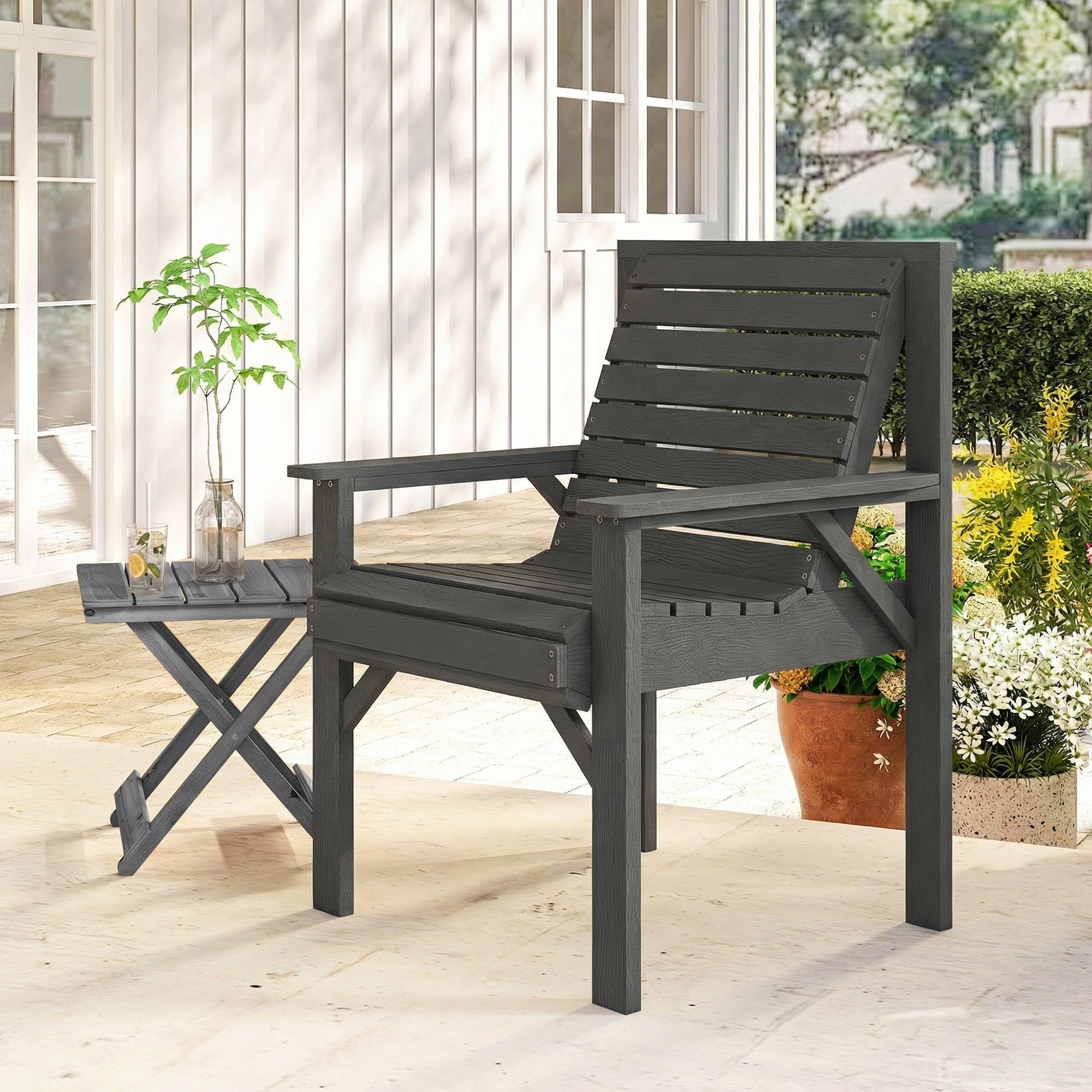 Wooden Garden Dining Chair, Outdoor Chair Garden Armchair with Curved Seat and Wide Armrests, Grey Embossed Finish