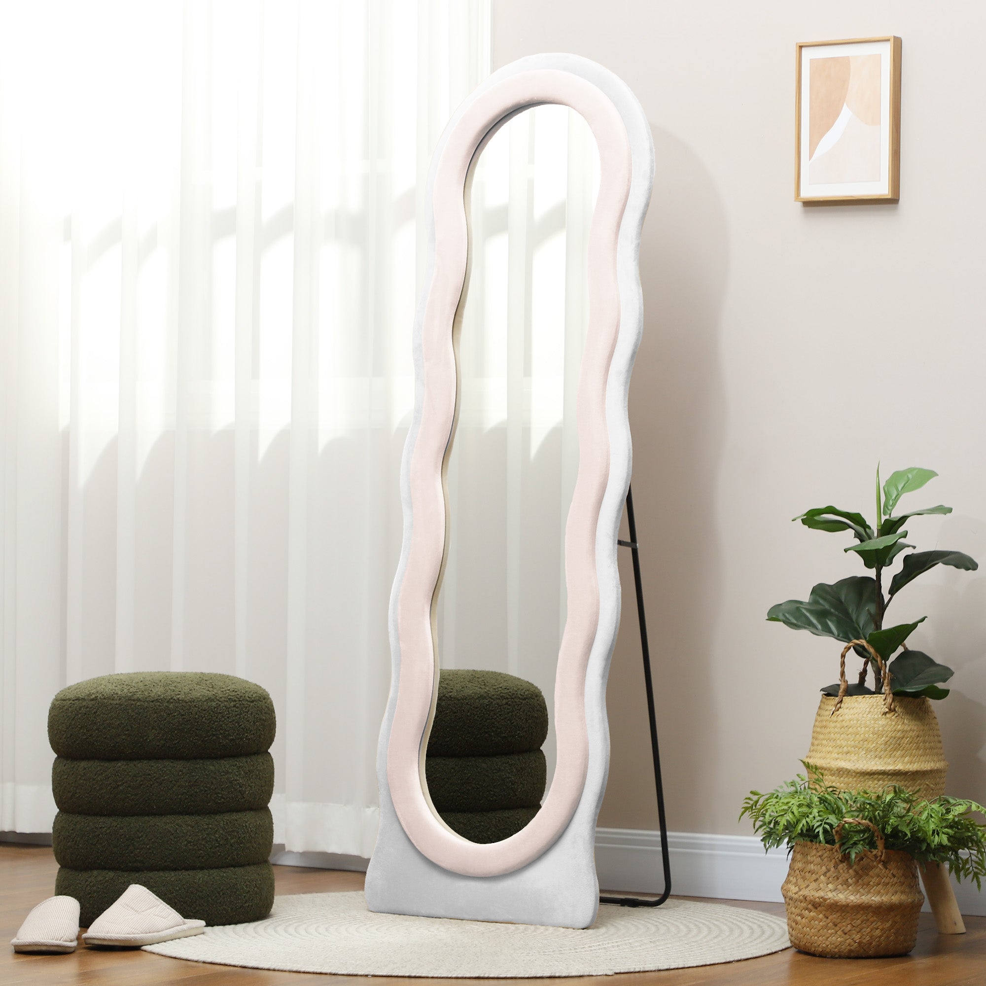 Wavy Velvet-Feel Full Length Mirror - Pink