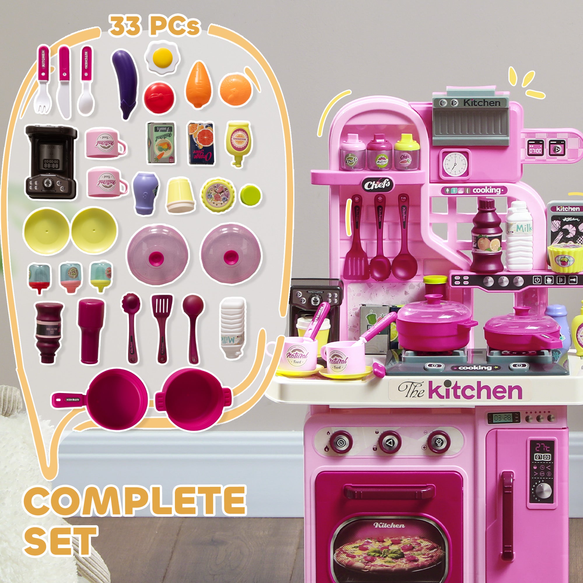Kids Kitchen with 33 Piece Accessories, Lights, Sounds, Storage, for Children 3-6 Years, Pink