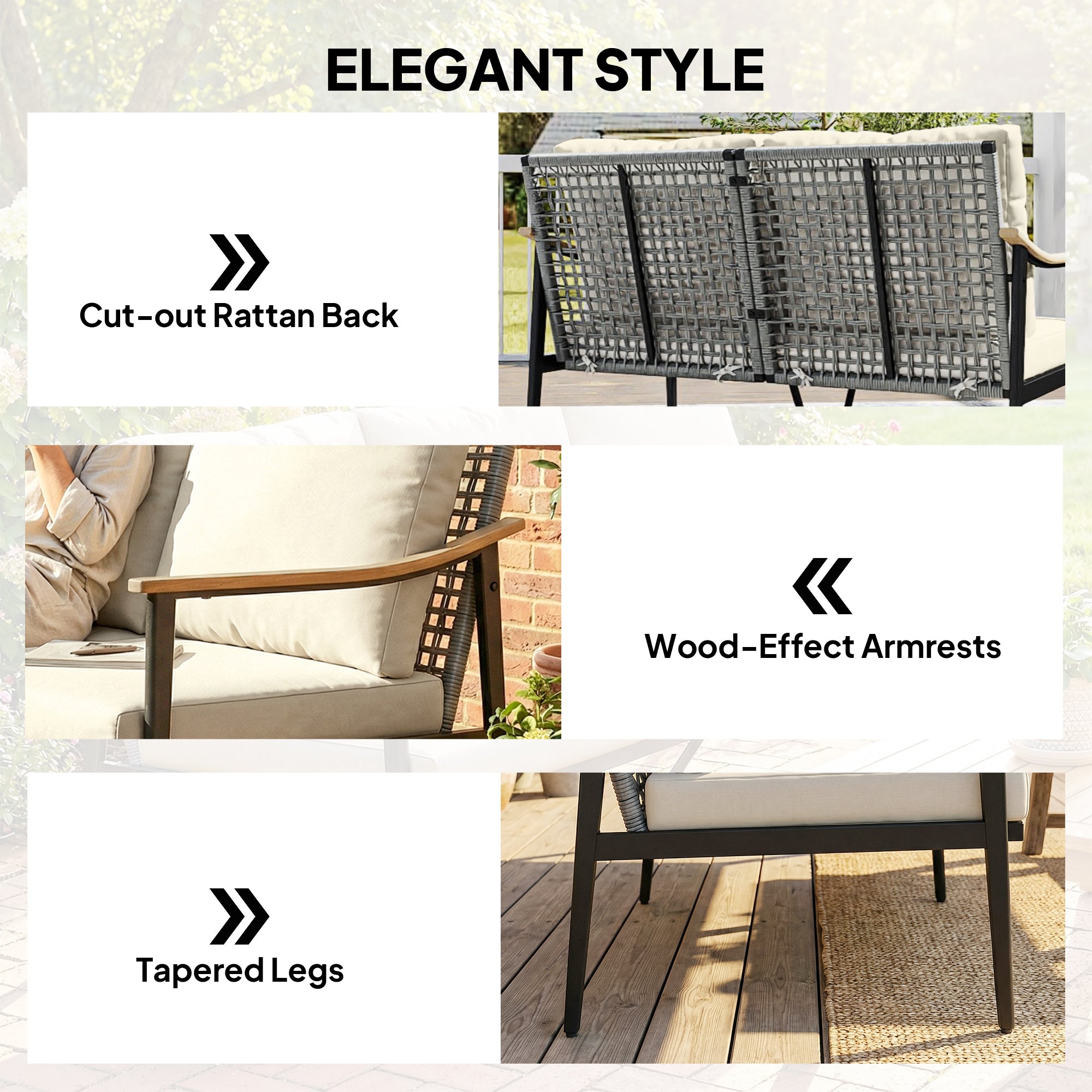 2 Seater Rattan Sofa, Outdoor Garden Sofa with Wood-Effect Armrests, Cushions for Patio, Balcony, Khaki