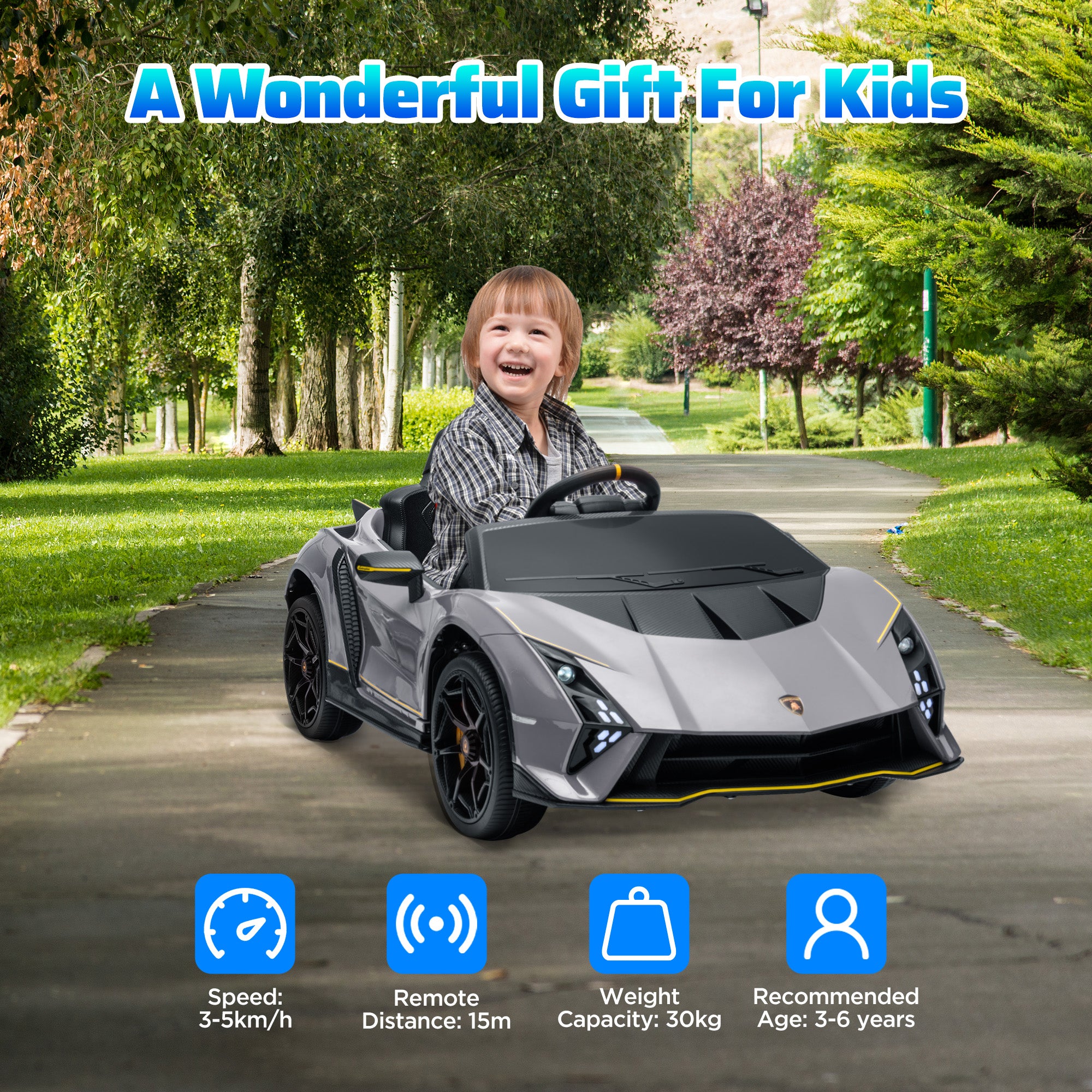12V Lamborghini Autentica Licensed Kids Electric Car with Remote Control, Four Suspension Wheels, Soft Start, Grey