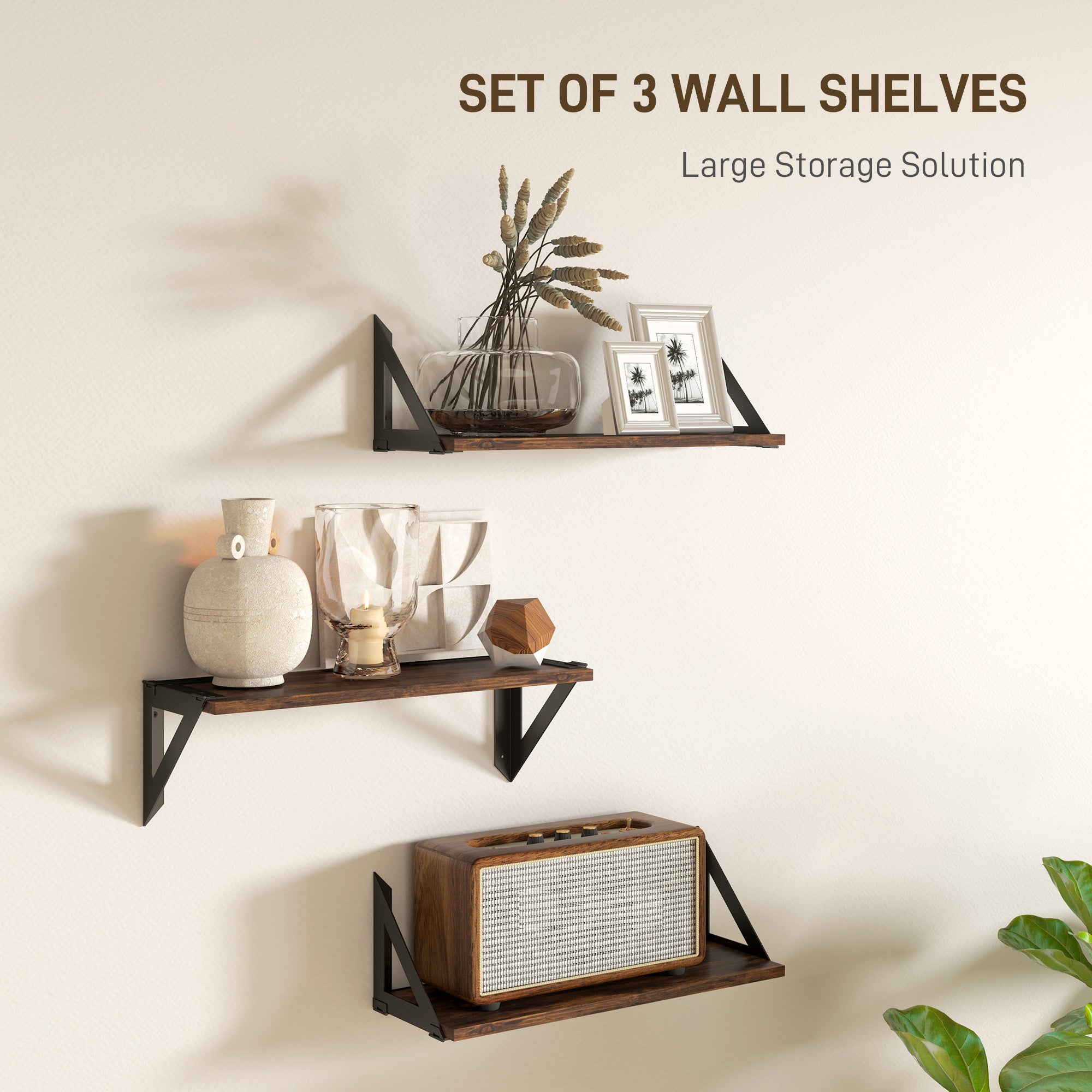 Set of 3 Vintage Wall Mounted Floating Shelves for Living Room, Entryway, Bedroom - Rustic Brown