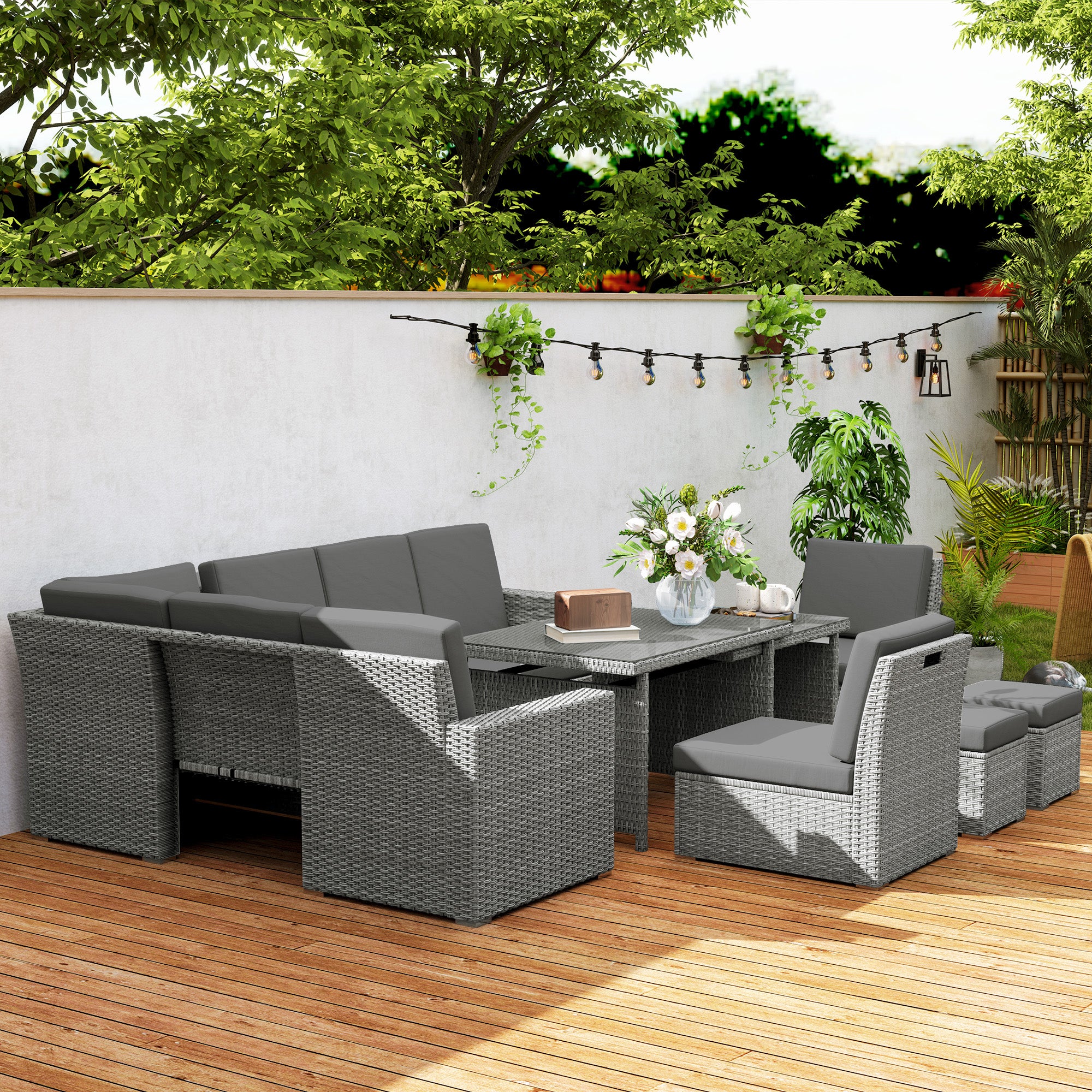 Seven-Piece Rattan Garden Sofa Set, with Expanding Table - Light Grey