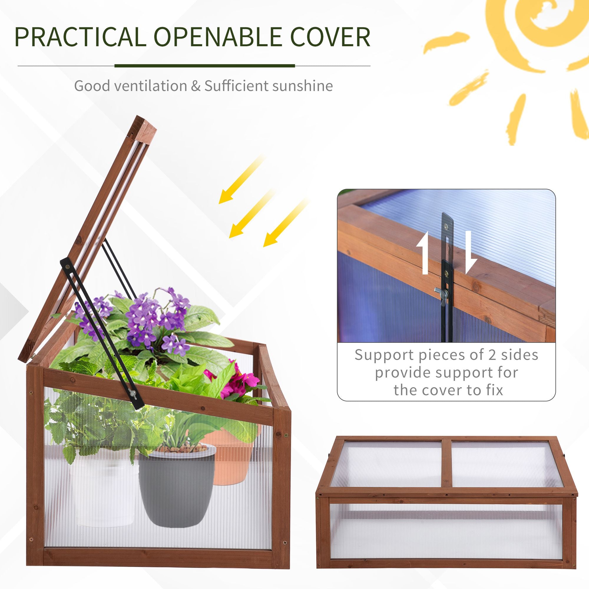 Wooden Cold Frame, Small Polycarbonate Greenhouse for Plants with Openable & Tilted Top Cover, Brown, 100 x 65 x 40cm
