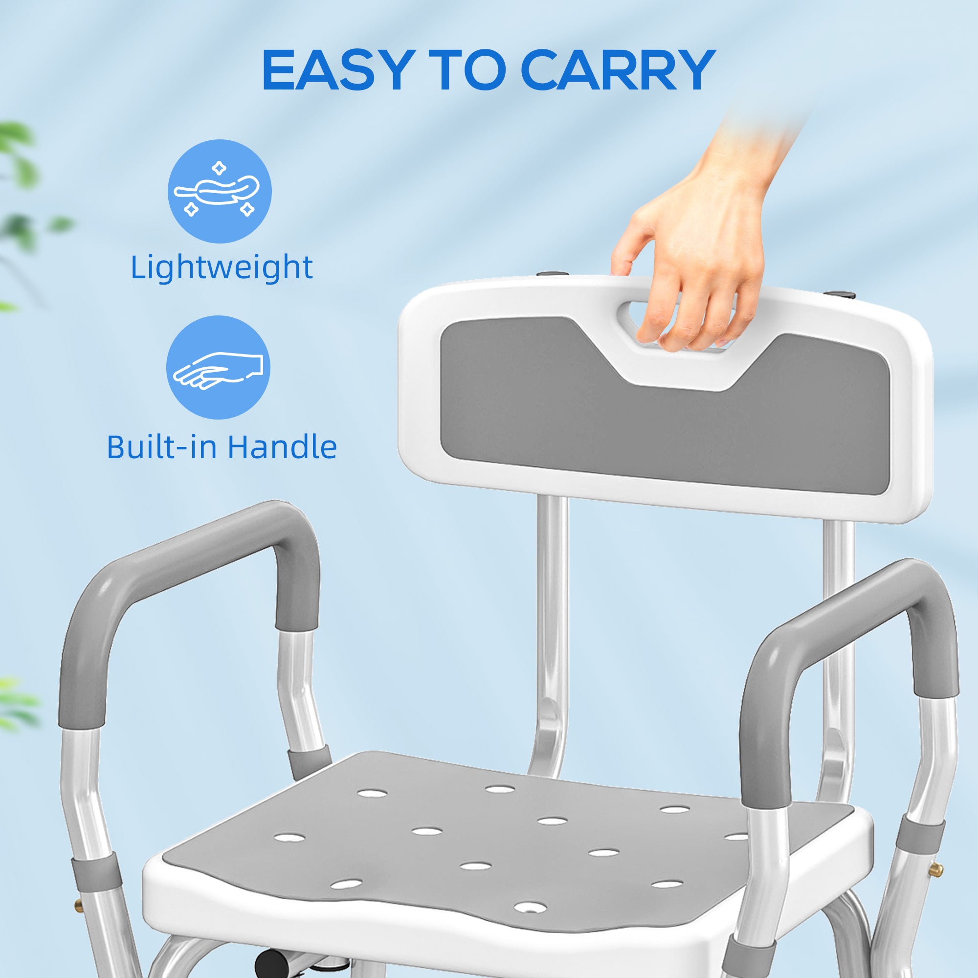 EVA Padded Shower Chair for the Elderly and Disabled, Height Adjustable Shower Stool with Back and Arms, 4 Suction Foot Pads, Light Grey