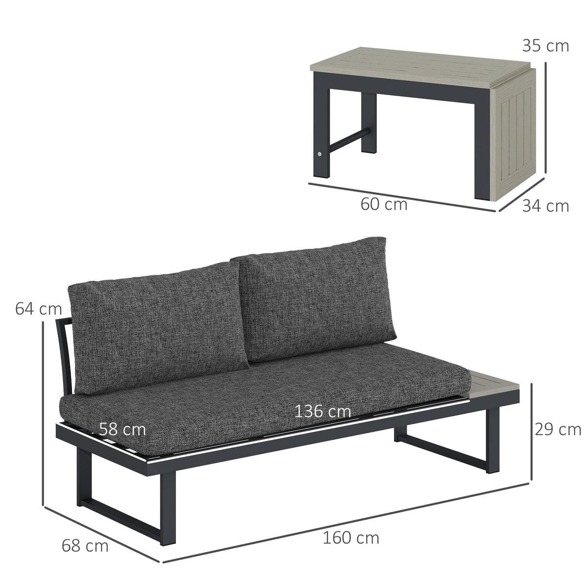4 Seater L Shaped Aluminium Sectional Garden Furniture Set with 2 Loveseats & Wood-Plastic Coffee Table - Dark Grey
