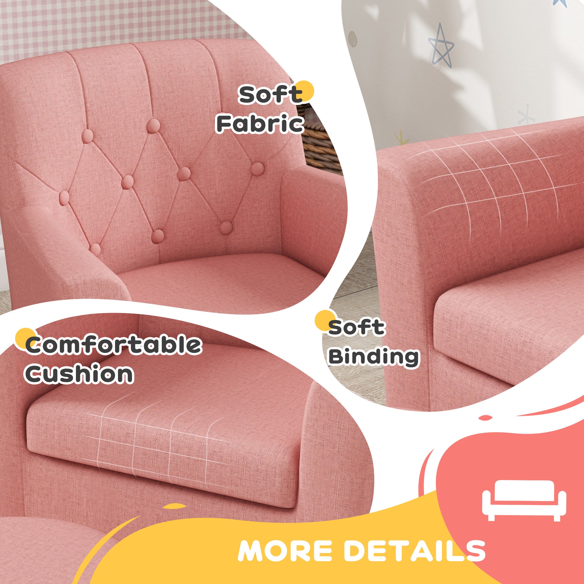 2PCs Kids Sofa Set with Footrest, for Playroom, Bedroom, Pink