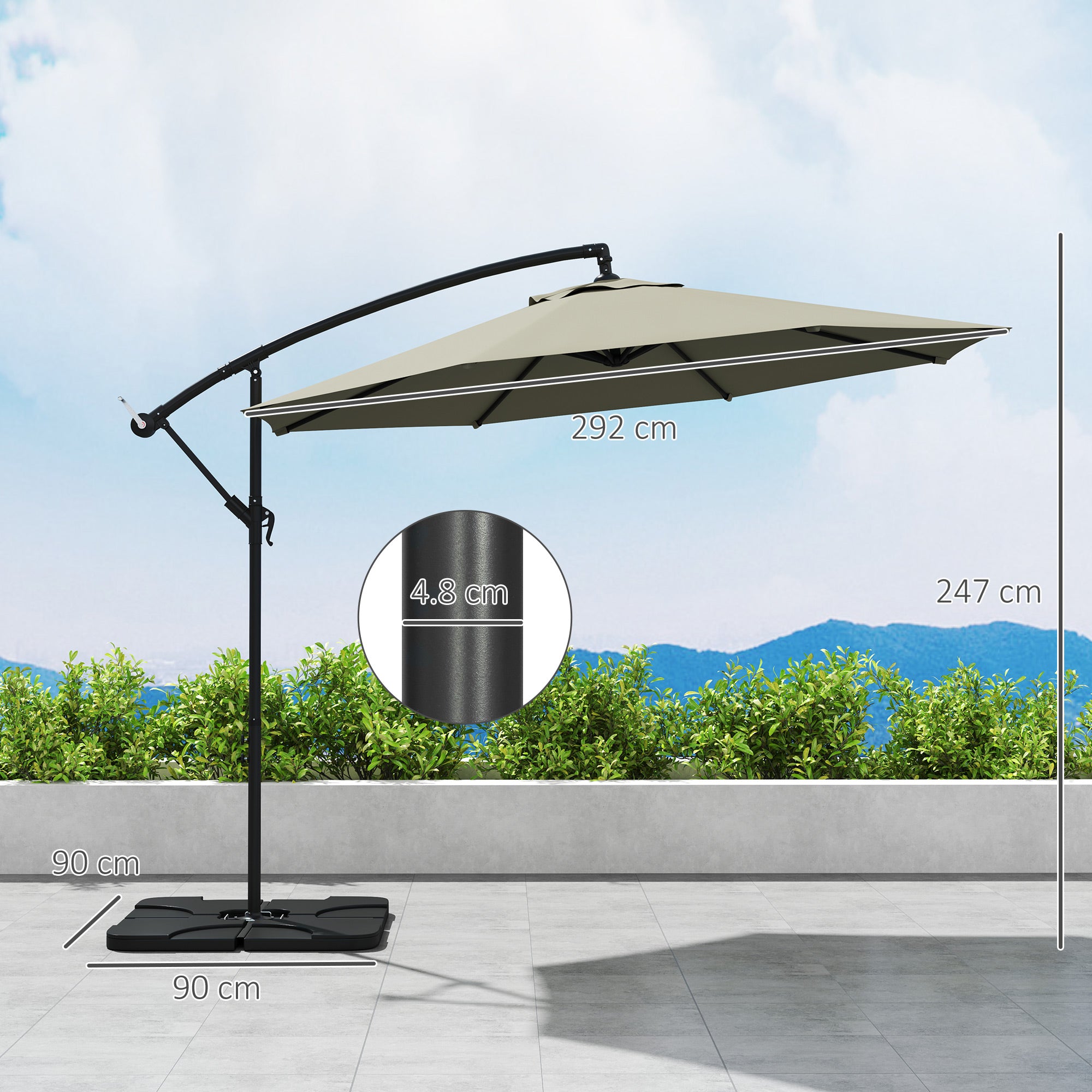 3m Overhanging Parasol, with Base, Weights and Cover - Light Grey