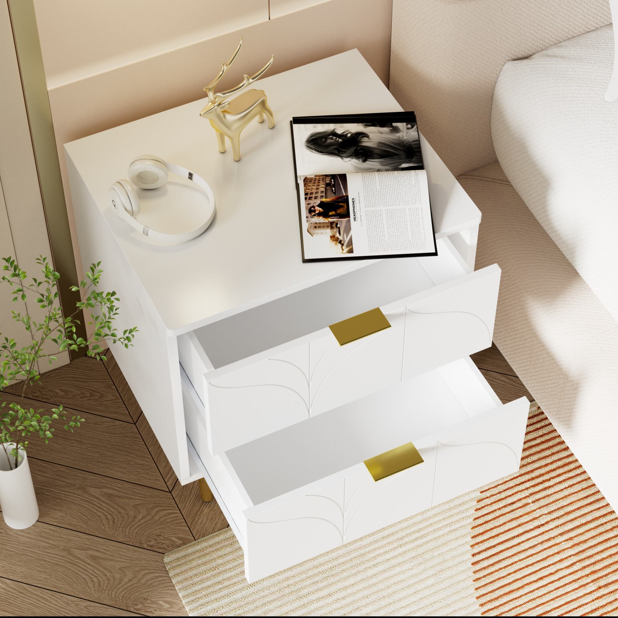 Set of 2 Modern Bedside Tables with 2 Drawers, Floral Pattern and Gold-Plated Accents, Anti-Bump Design, 50L x 40W x 54H cm, White