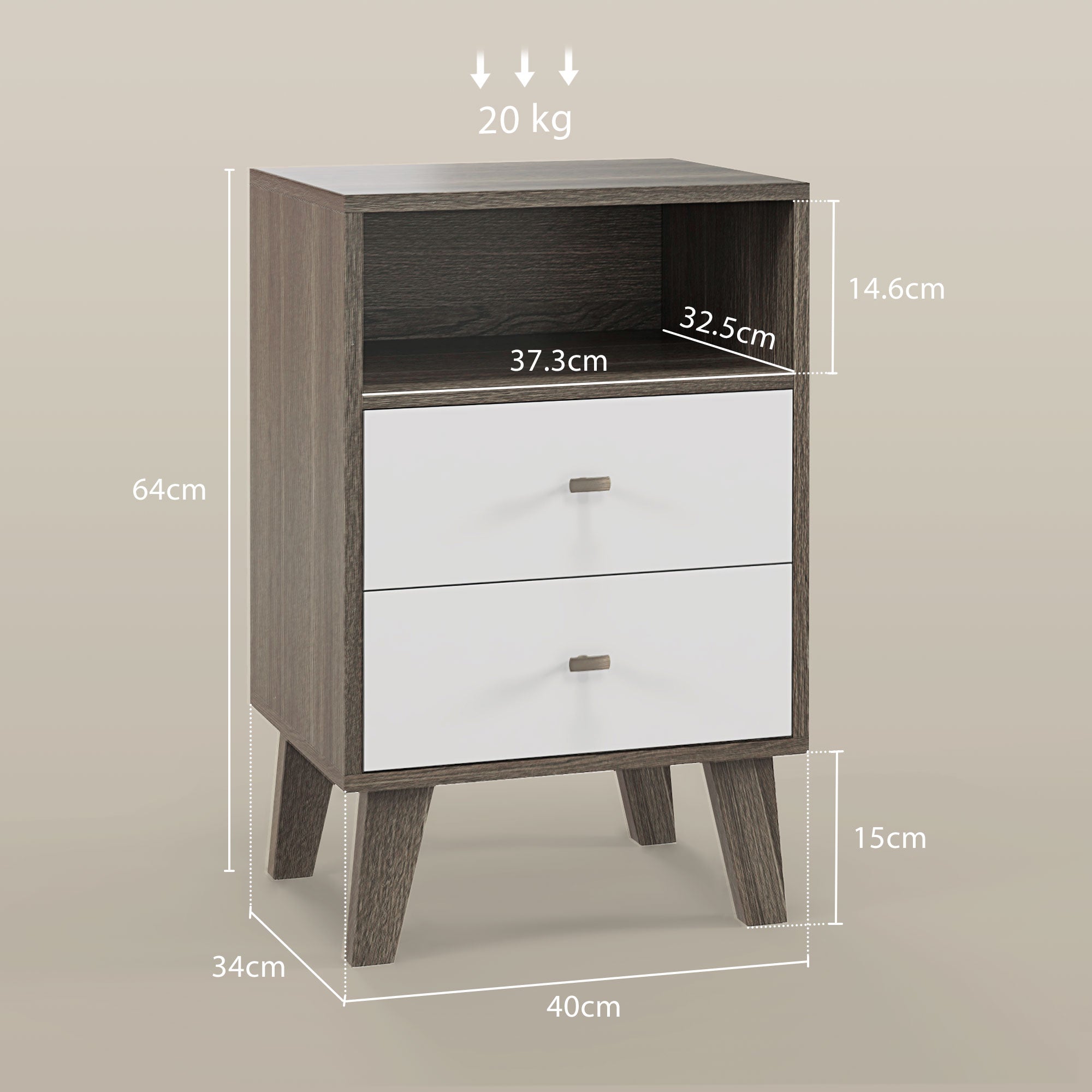 Industrial Scandinavian Bedside Table with Drawers and Shelf - Grey White