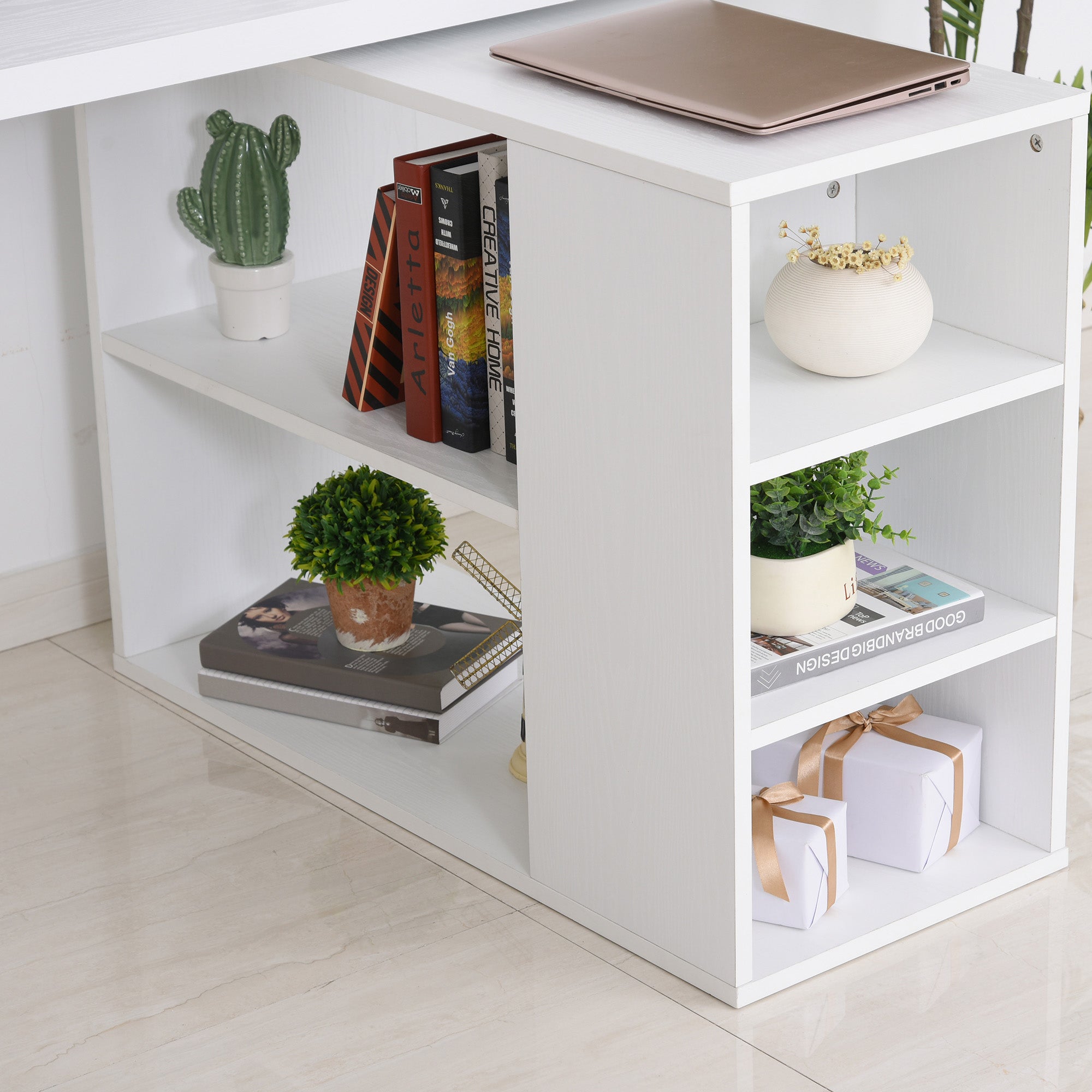 Corner Desk L-Shaped Straight Computer Desk with Rotating Storage Shelf, White Wood Grain