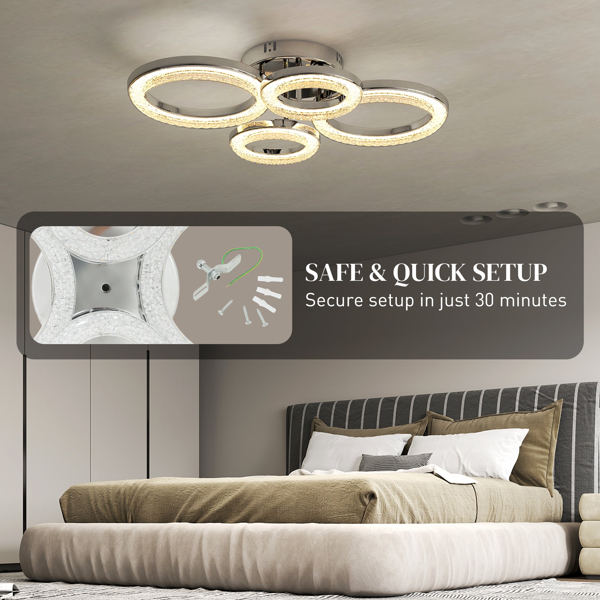 LED Ceiling Light, Modern Dimmable 4 Rings Ceiling Lamp with Wall Switch, 40W 4350lm Flush Mount Ceiling Light with 3500K/4500K/6000K Colour Temperatures for Living Room, Bedroom, Silver Tone