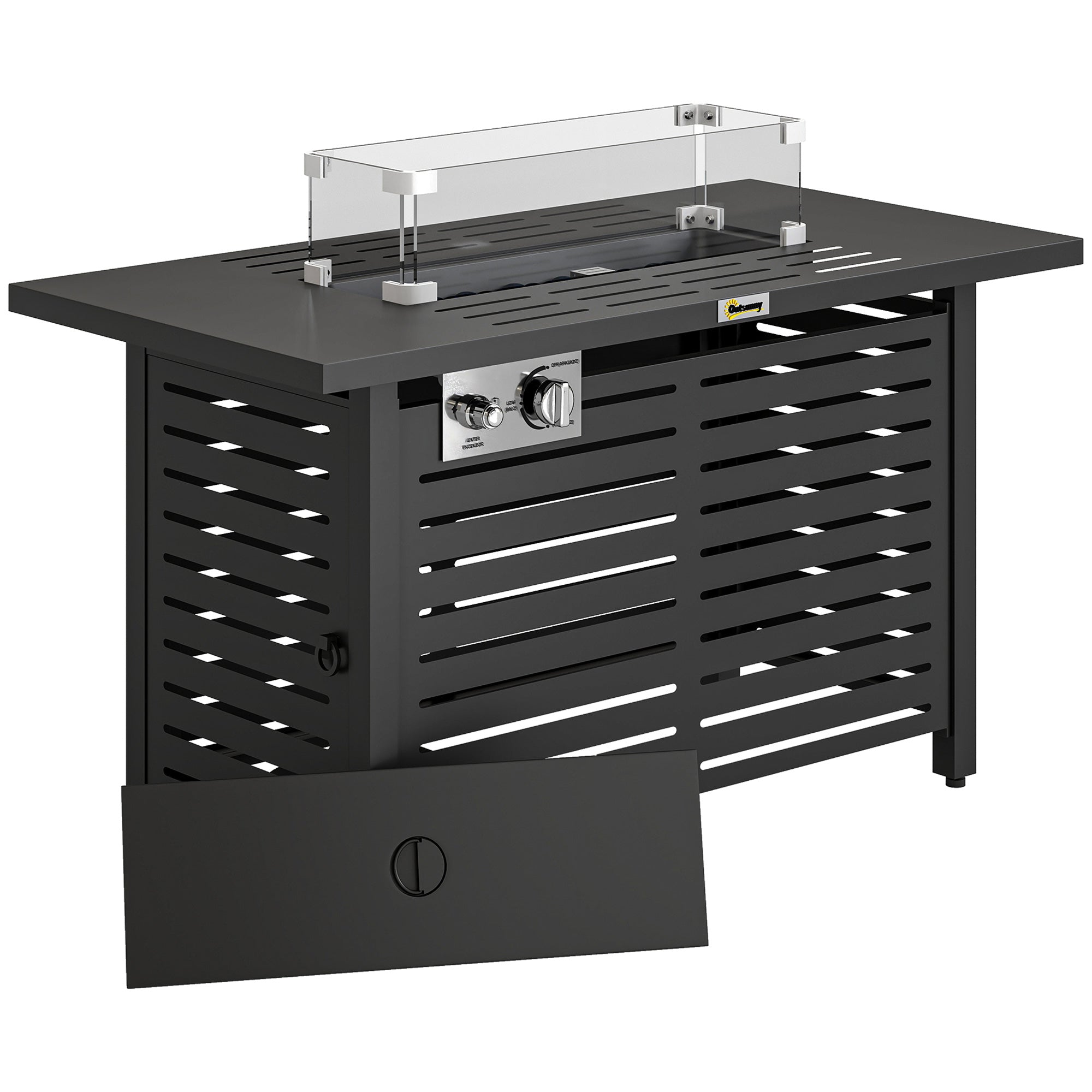 Propane Gas Fire Pit Table, Outdoor Firepit with 43" Steel Tabletop and Lid, 50,000 BTU Pulse Ignition Fire Table w/ Stainless Steel Burner, Glass Wind Guard, and Cover