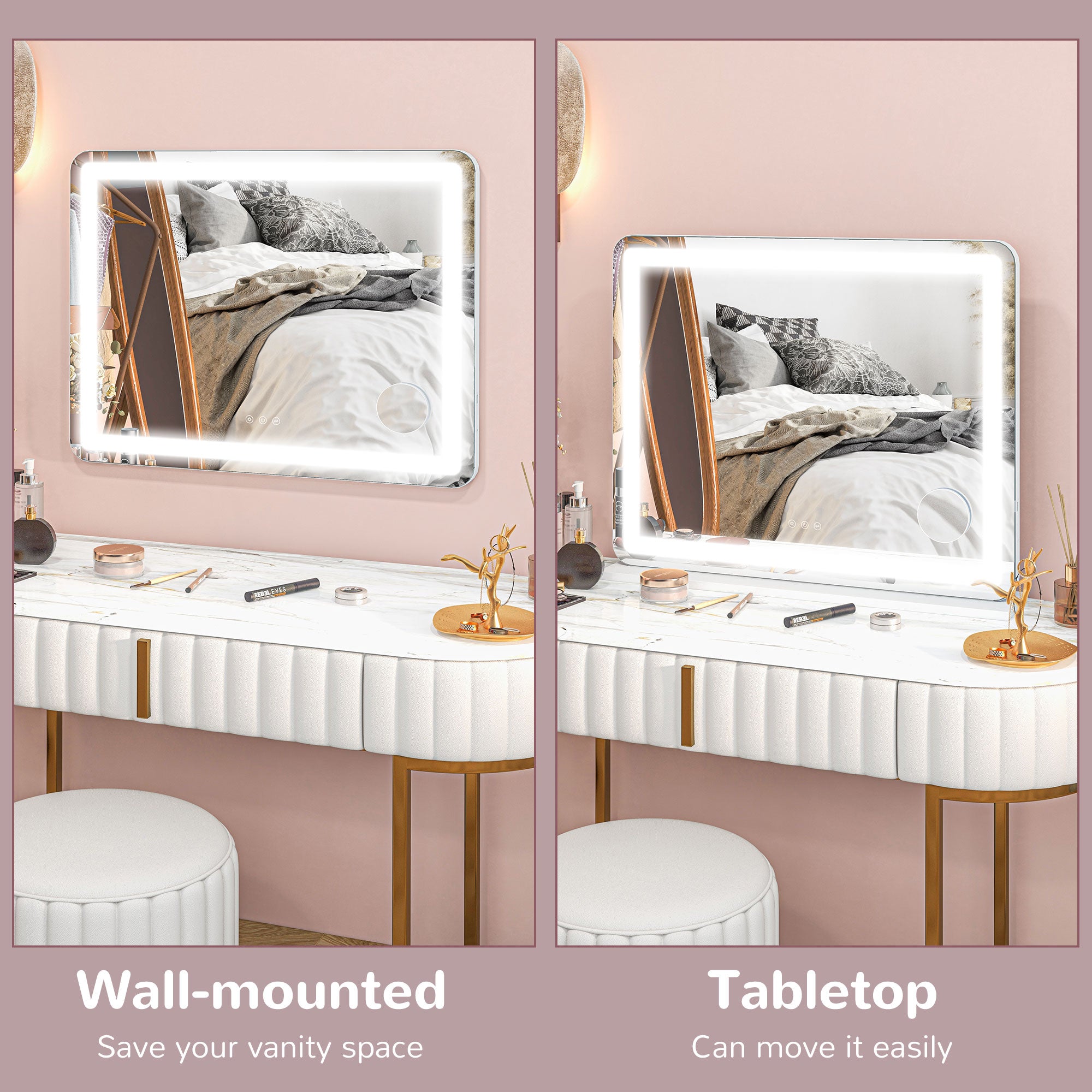 Vanity Mirror with Lights, Large 80x62 cm Lighted Makeup Mirror with 3 Colour, 10X Magnifying, USB Charging Port, Touch Screen, Tabletop or Wall Mounted Design, White