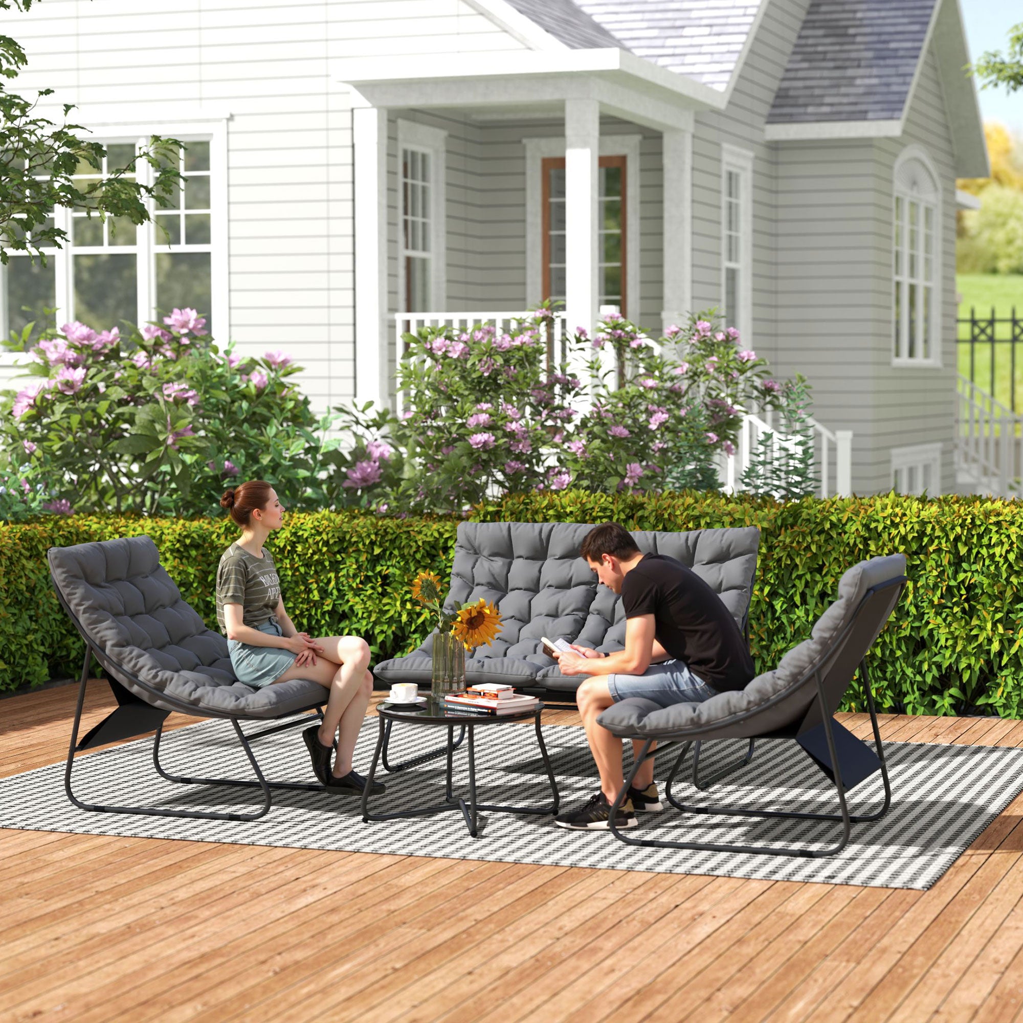 Four-Piece Curved Seat Garden Sofa Set - Grey/Black