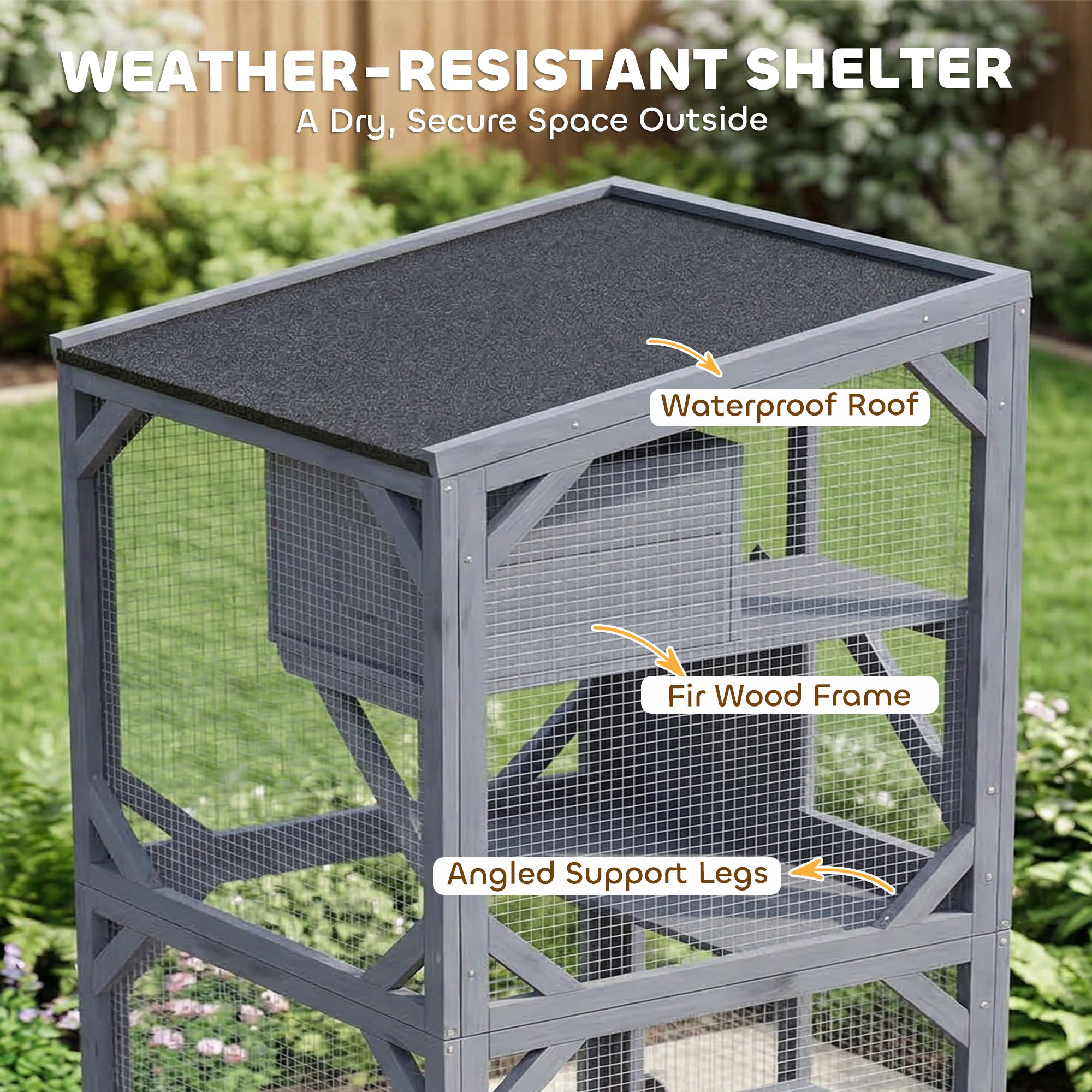 Movable Outdoor Catio with Resting Box, 3 Jumping Platforms, Waterproof Asphalt Roof for Outdoor Indoor