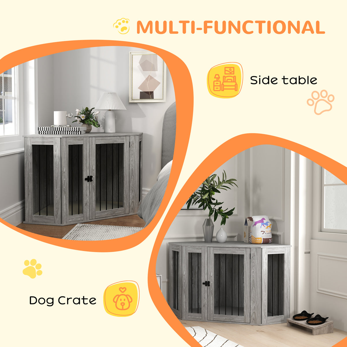 2 in 1 Medium Dog Crate Furniture Side Table with Cushion 122x61x71cm - Grey