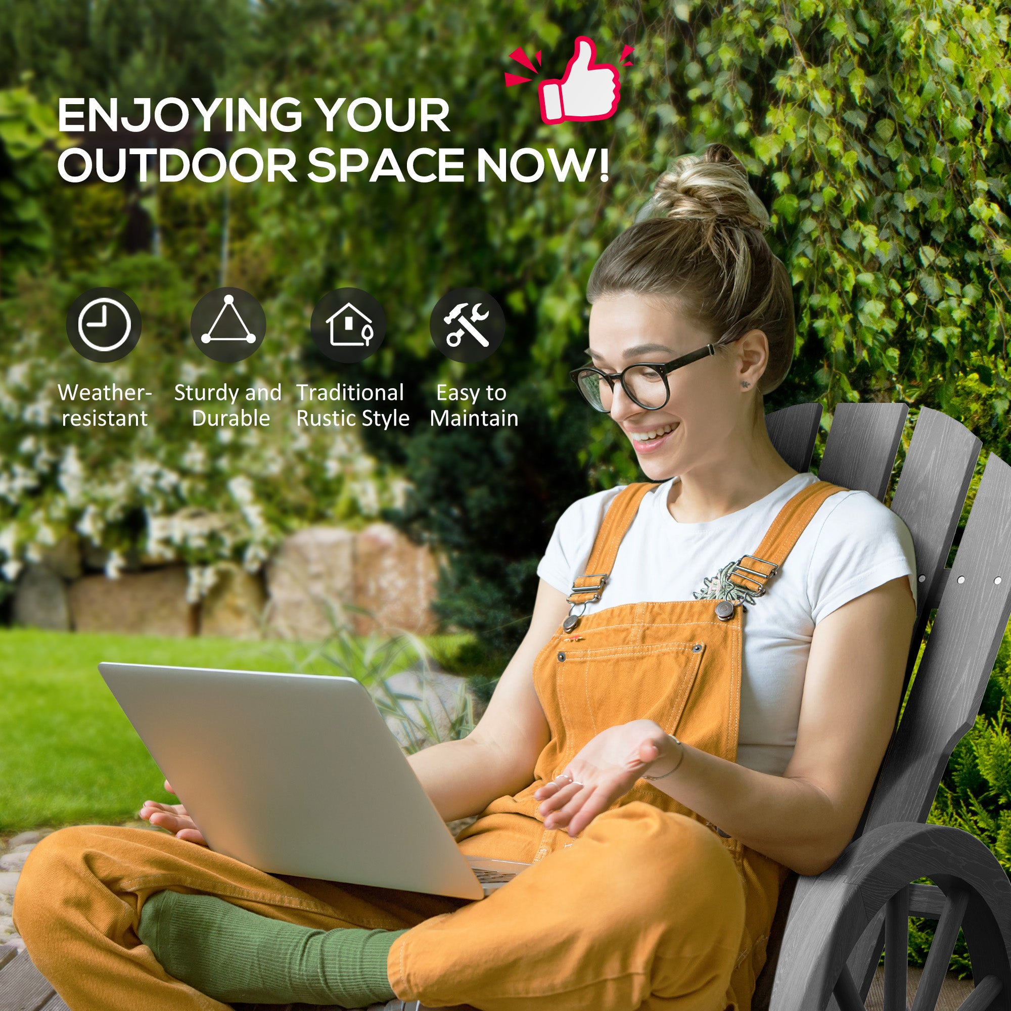 Wooden Adirondack Rocking Chair Outdoor Reclining Patio Grey