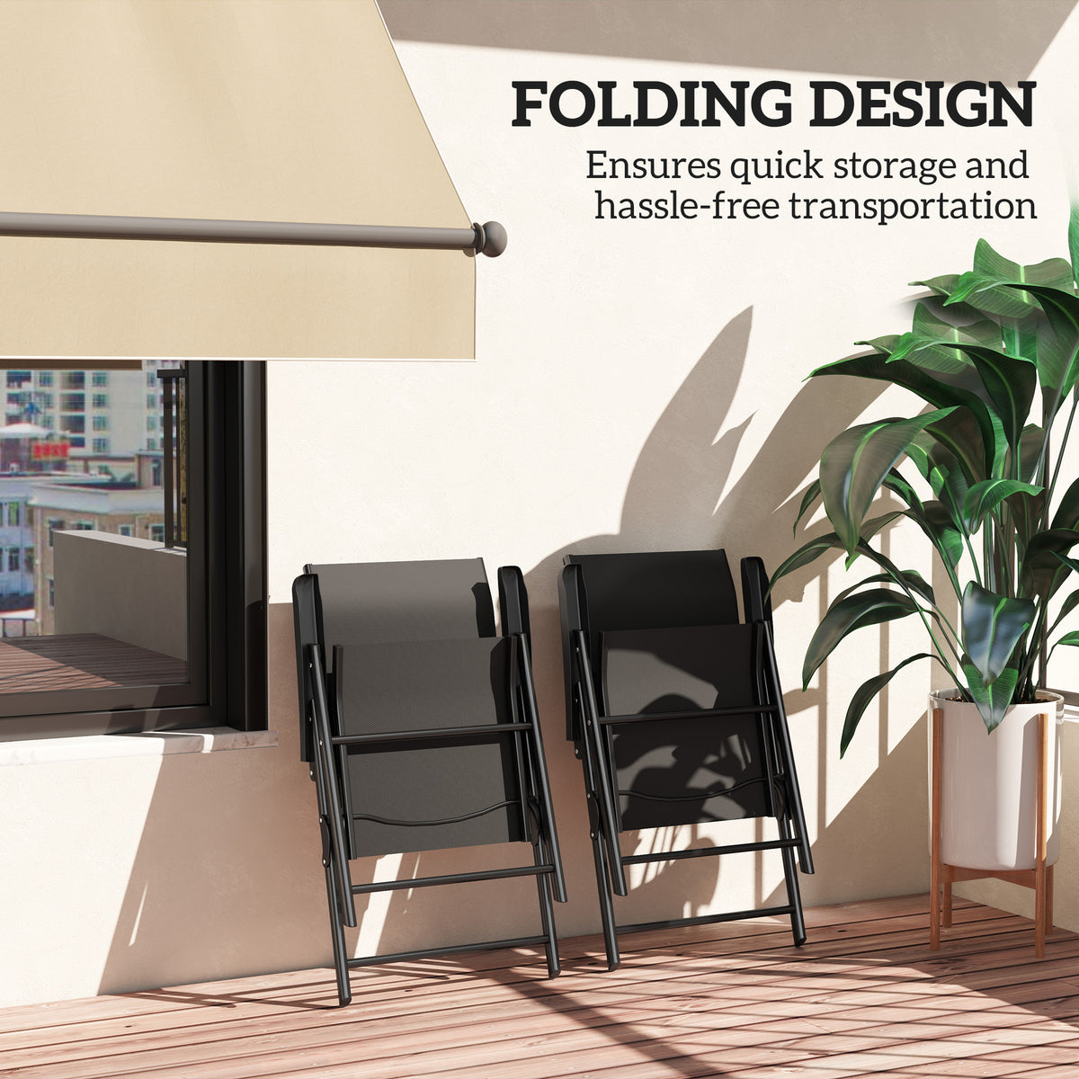 Set of 2 Folding Outdoor Chairs with Breathable Mesh Seats and Armrests - Black