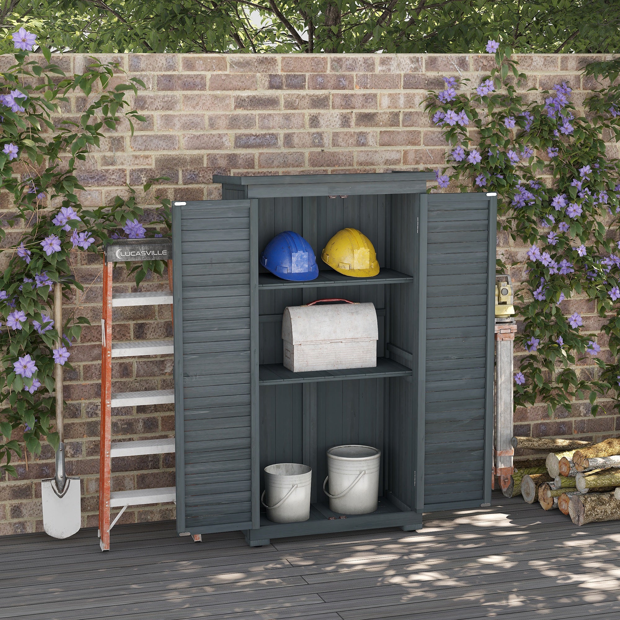 Fir Wood Garden Storage Shed 39.5 x 79cm with Shelves - Grey