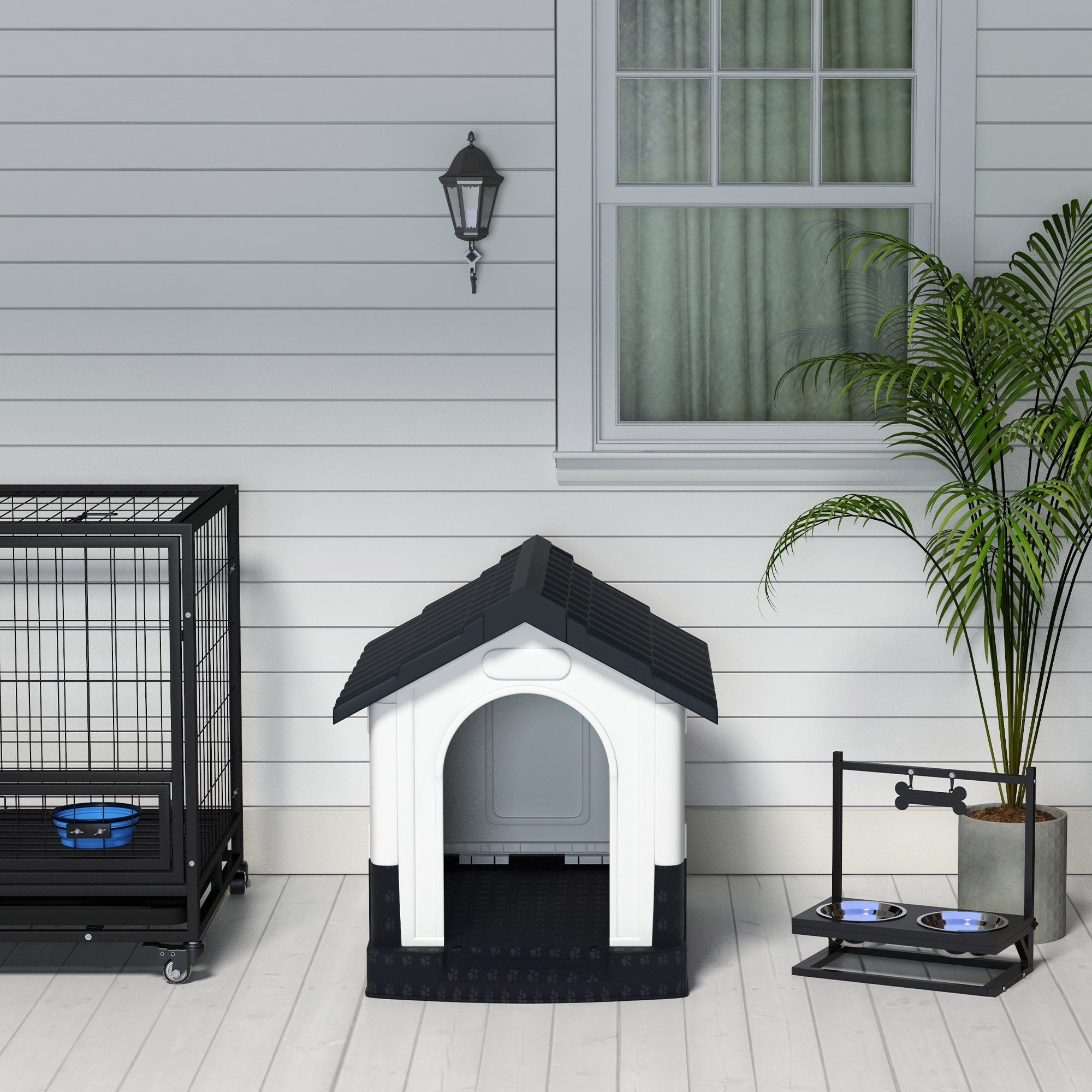 Plastic Dog Kennel with Windows, for Garden Patio, Miniature and Small Dogs, 80 x 69 x 76cm - Grey