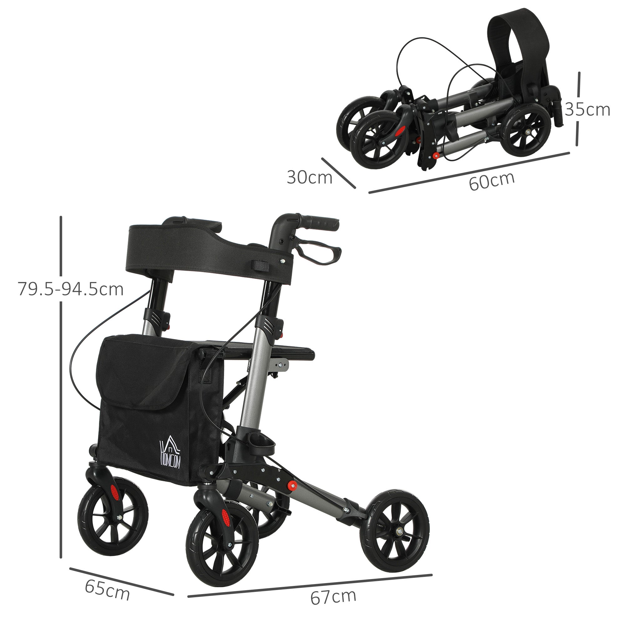 4 Wheel Rollator with Seat and Back, Folding Mobility Walker with Carry Bag, Adjustable Height, Dual Brakes, Cane Holder, Lightweight Aluminium Walking Frame for Seniors and Disabled, Silver