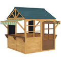 Wooden Playhouse for Kids, Foldable Wendy House with Windows, Working Door, Service Stations, Rain Covers, Brown