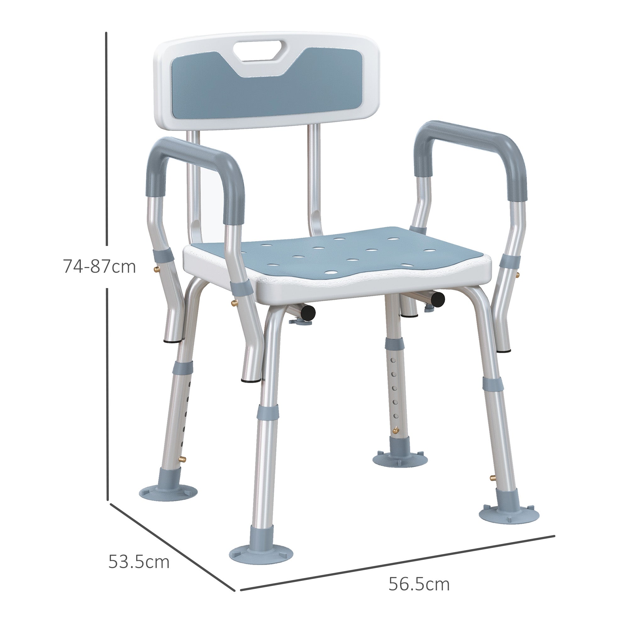 EVA Padded Shower Chair for the Elderly and Disabled, Height Adjustable Shower Stool with Back and Arms, 4 Suction Foot Pads, Light Blue