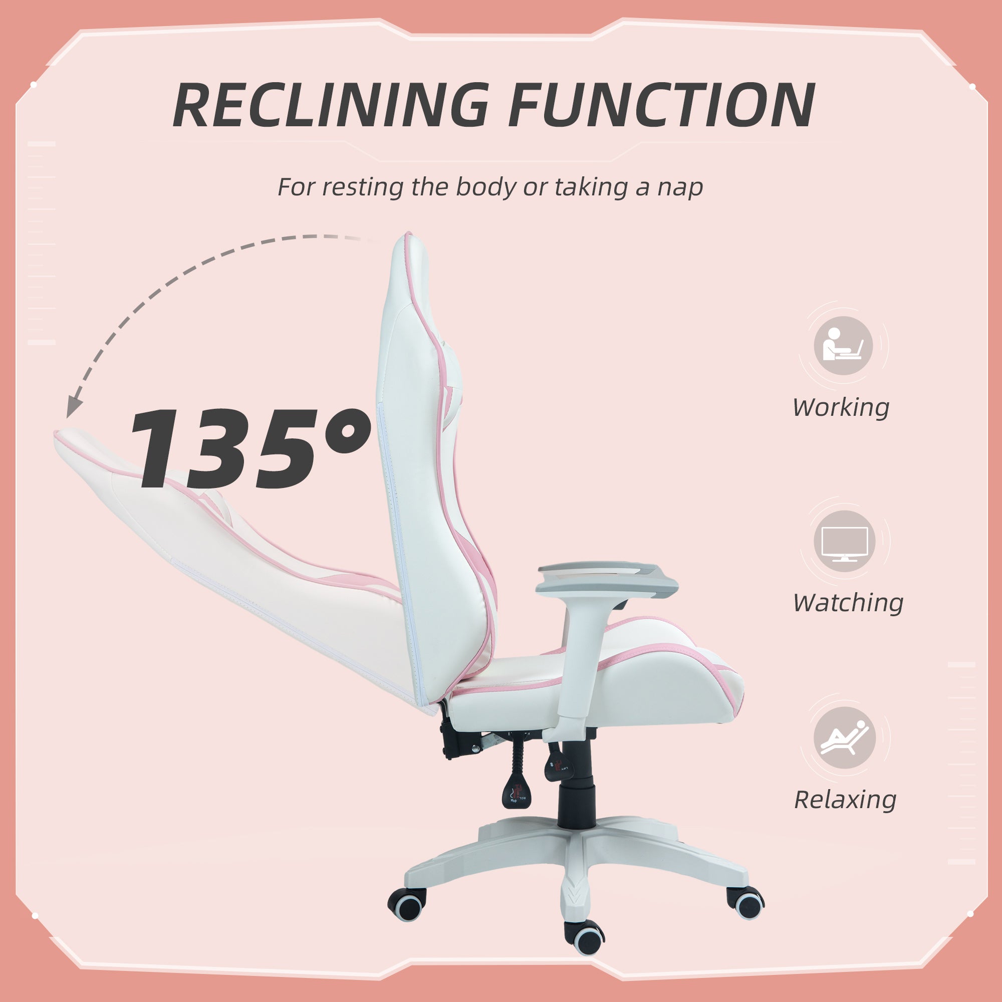 Faux Leather Colour Block Gaming Chair, with 135° Reclining Back - Pink/White