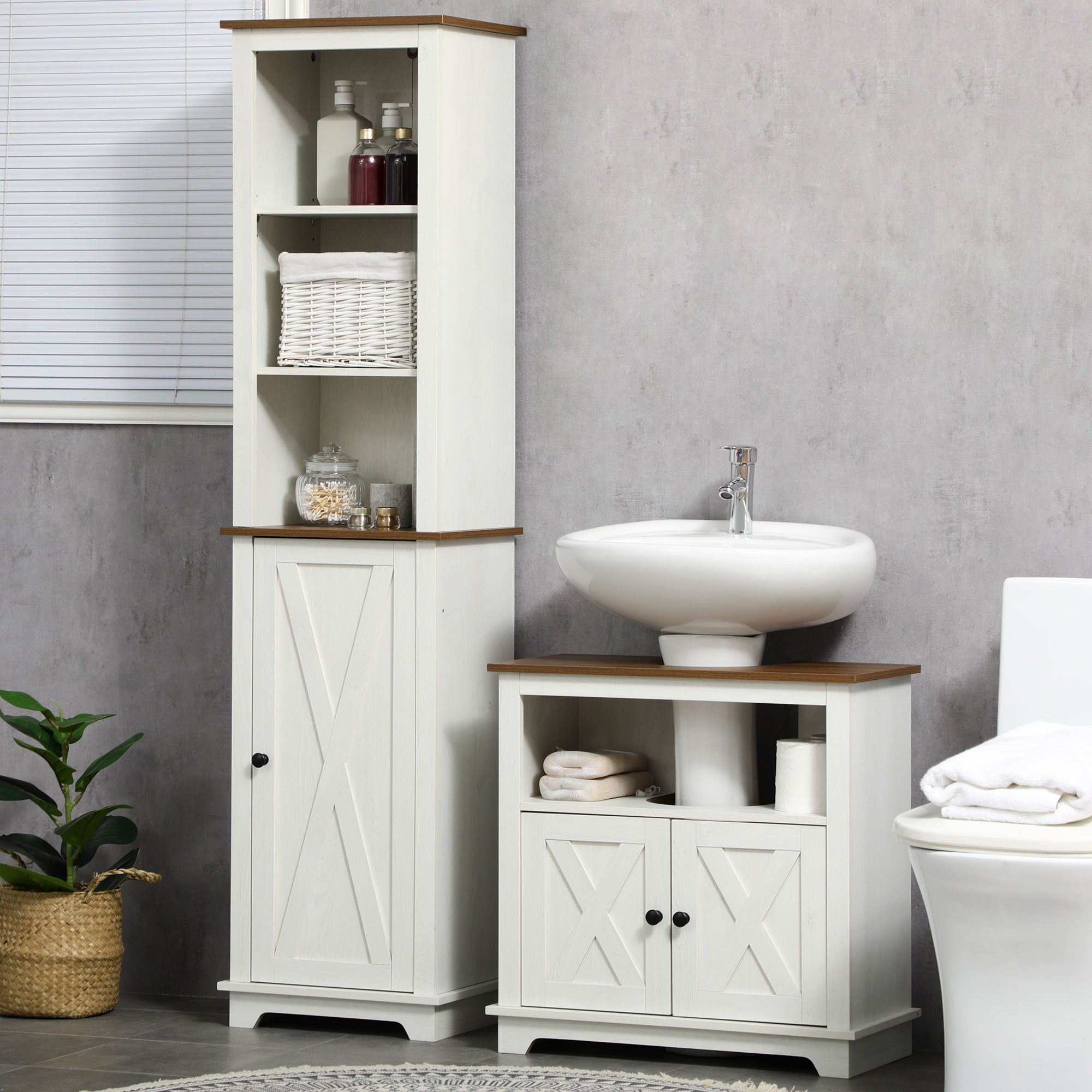 2 Piece Bathroom Furniture Set, Tall Bathroom Cabinet with Adjustable Shelves, Under Sink Cabinet with Cupboard and Open Shelf, Ash Wood Effect