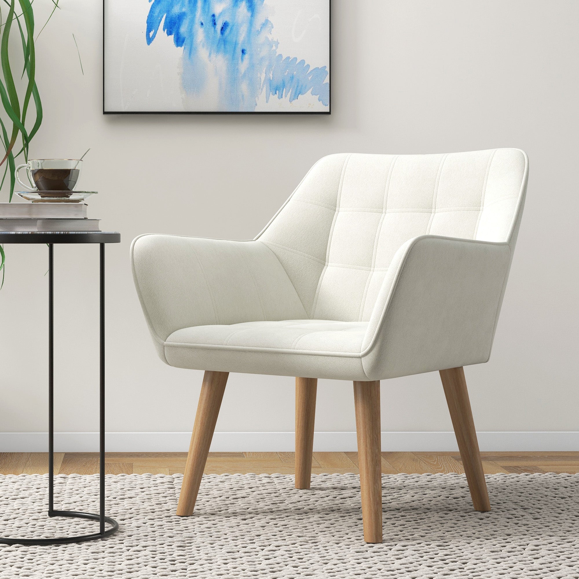 Accent Chair, Arm Chair with Wide Arms, Slanted Back, Thick Padding and Rubber Wooden Legs for Living Room, Cream White