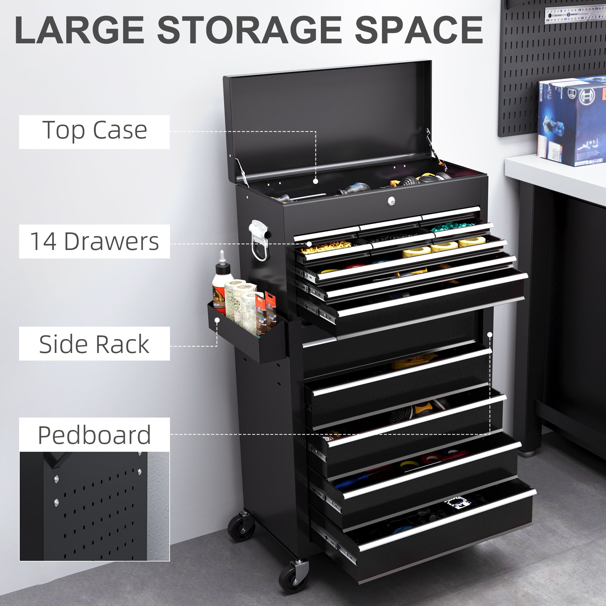 19 Drawer, Two-Part Tool Storage Chest on Wheels - Black