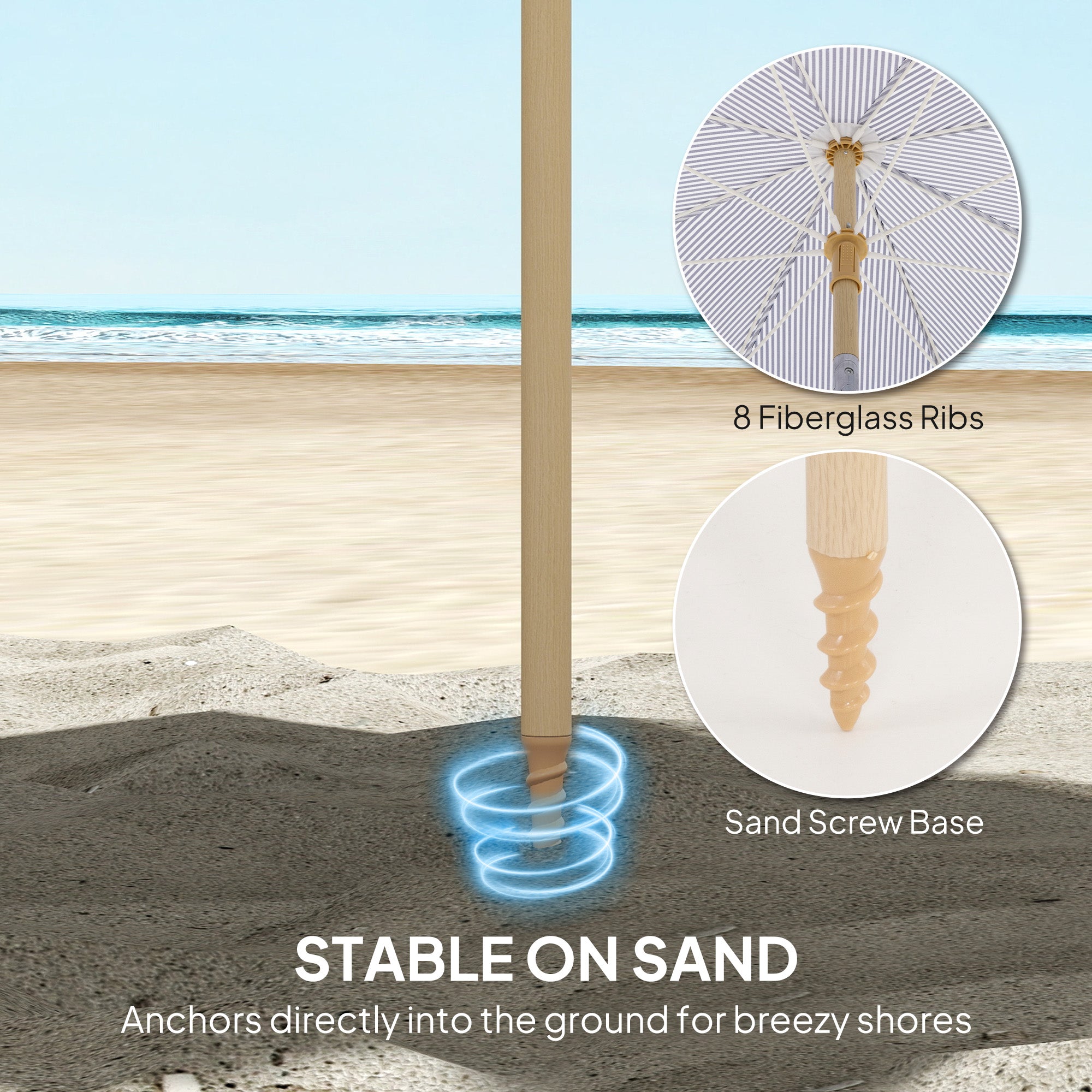 1.7 m Beach Umbrella with Sand Anchor, 30° Tilting Fringed Beach Garden Parasol with Adjustable Height, Blue