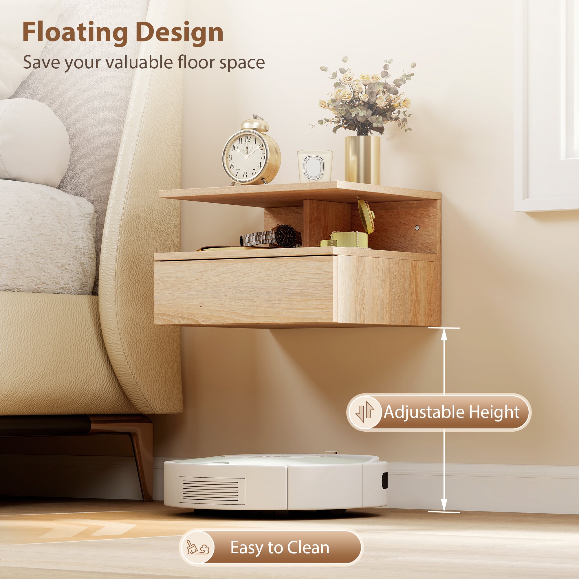 Set of Two Floating Bedside Tables - Oak