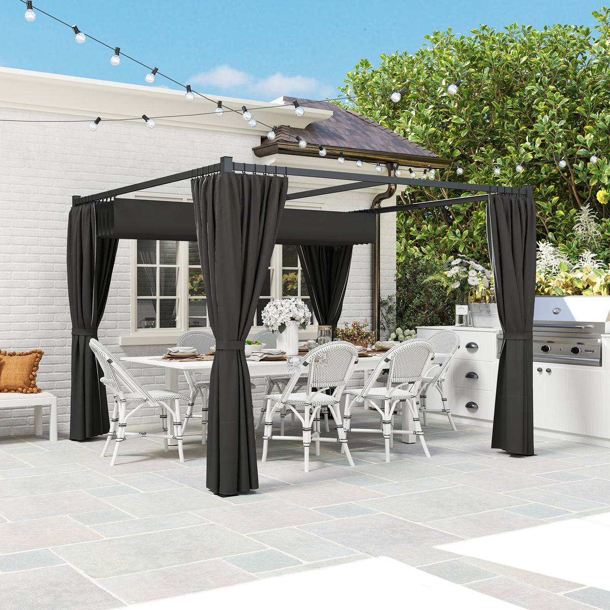 3 x 3m Retractable Pergola with Curtains for Garden, Patio, Deck - Charcoal Grey