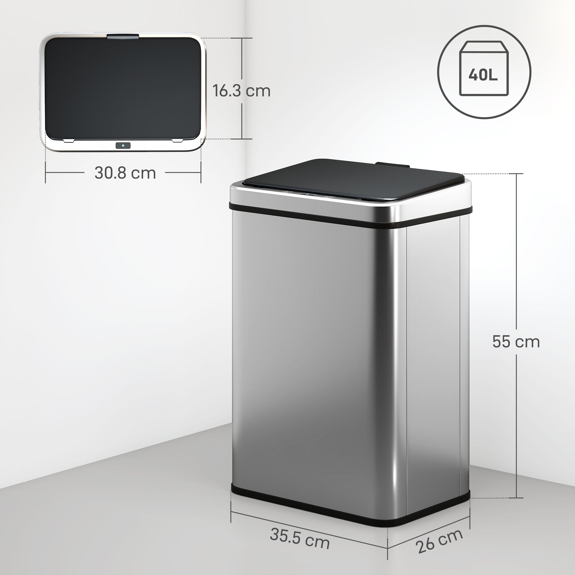50L Sensor Bin with Soft-Close Lid, Stainless Steel Automatic Touchless Motion Sensor Kitchen Bin, Silver Tone
