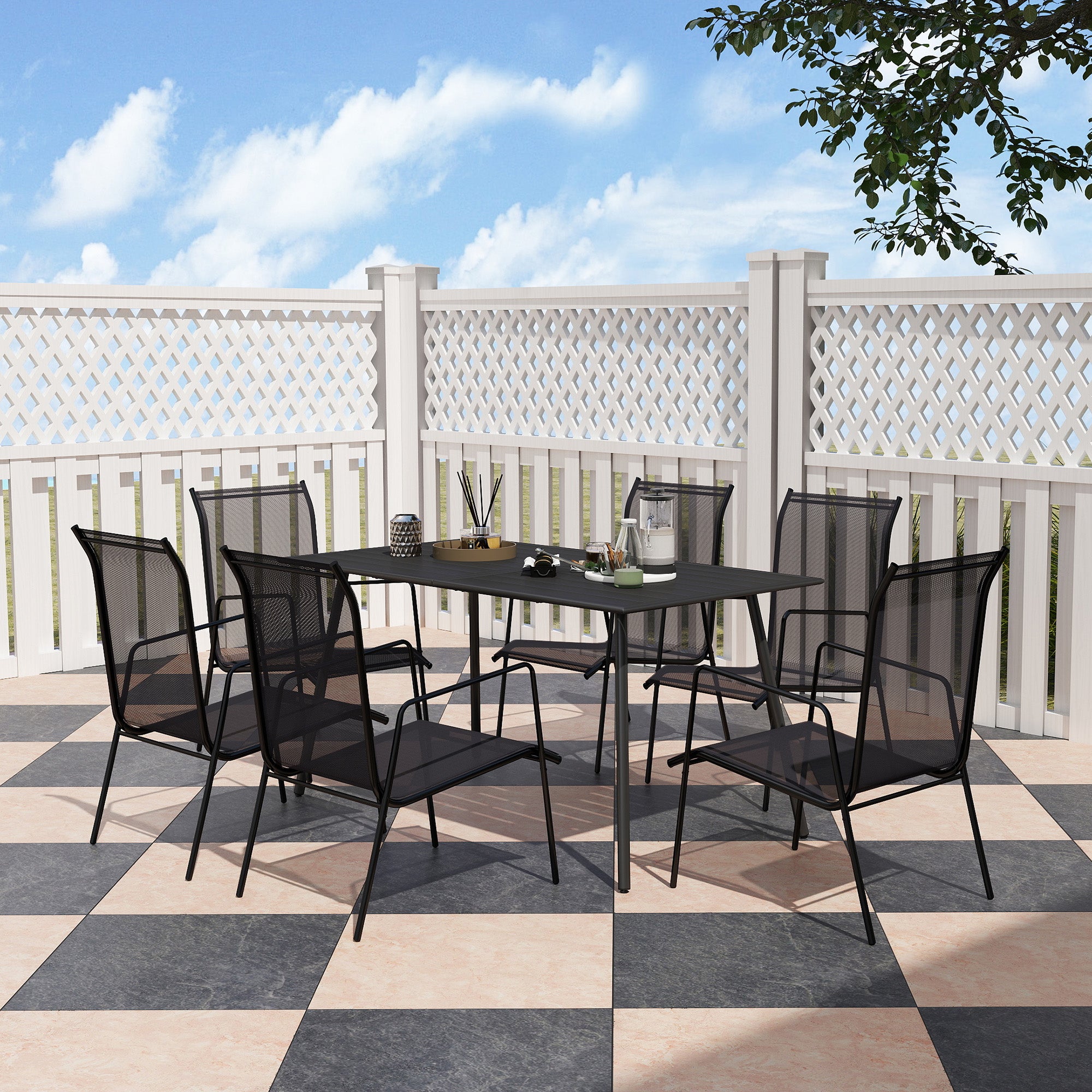 6 Seater Rectangle Garden Table with Slat Top Steel Frame Black