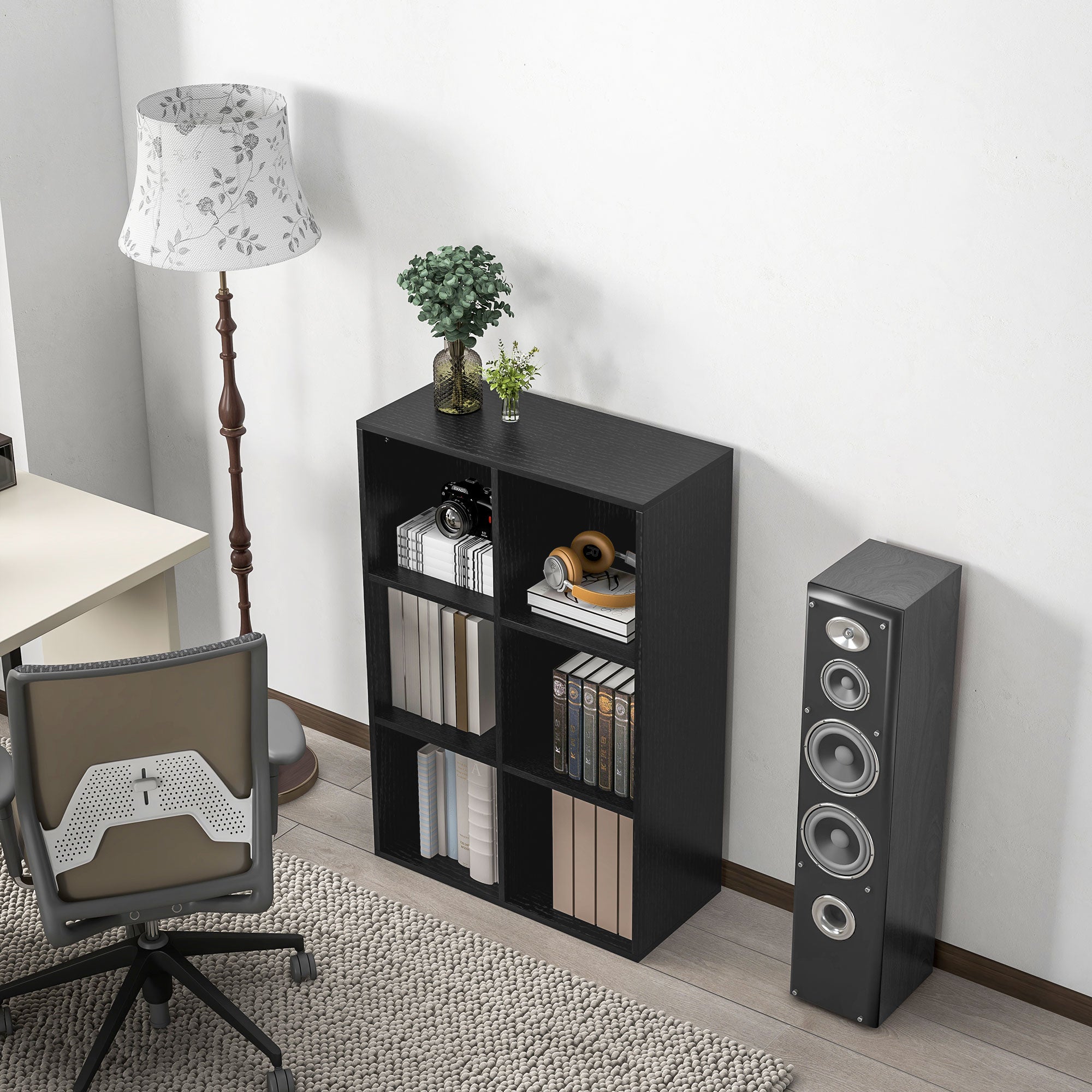 Six-Cube Bookcase Storage Unit with Black Wood Effect Finish - Black