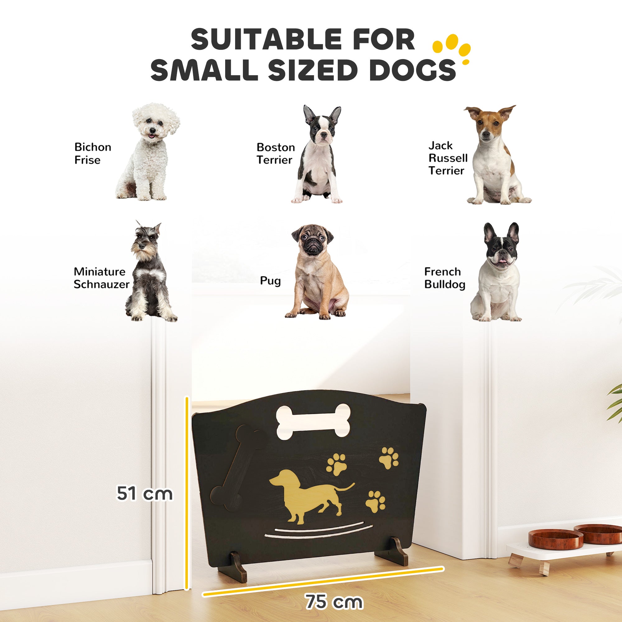 Wooden Dog Stopper, Dog Barrier with Support Feet, for Stair, Patio, Very Easy Setup, Black, 75 x 51 cm