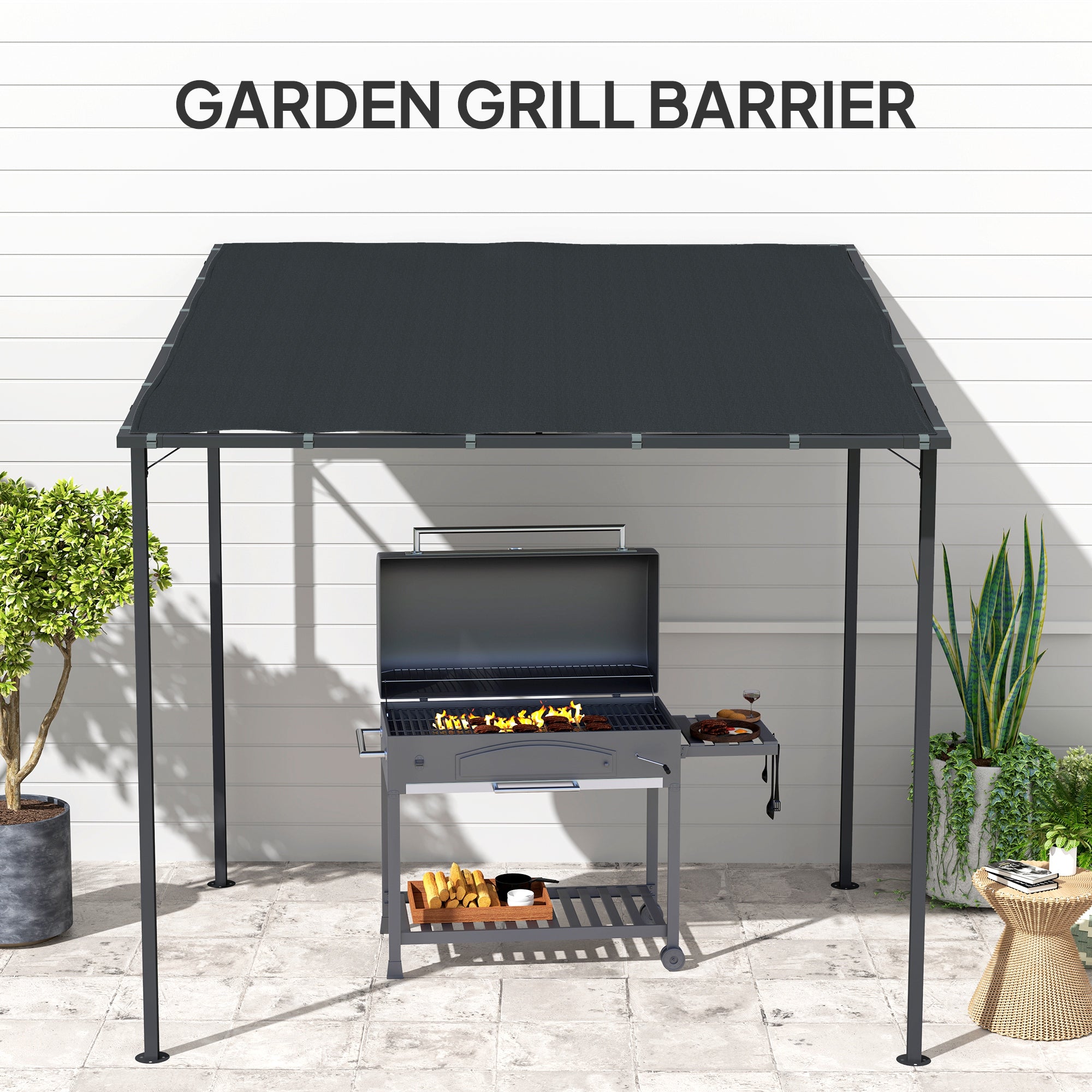 2.4 x 2.4 m Wall Mounted Pergola Gazebo with PA Coating Fabric and Metal Frame, UPF30+, Lean to Garden Gazebo, Wind Resistant Outdoor Sun Shade Shelter for Garden, Deck, Dark Grey