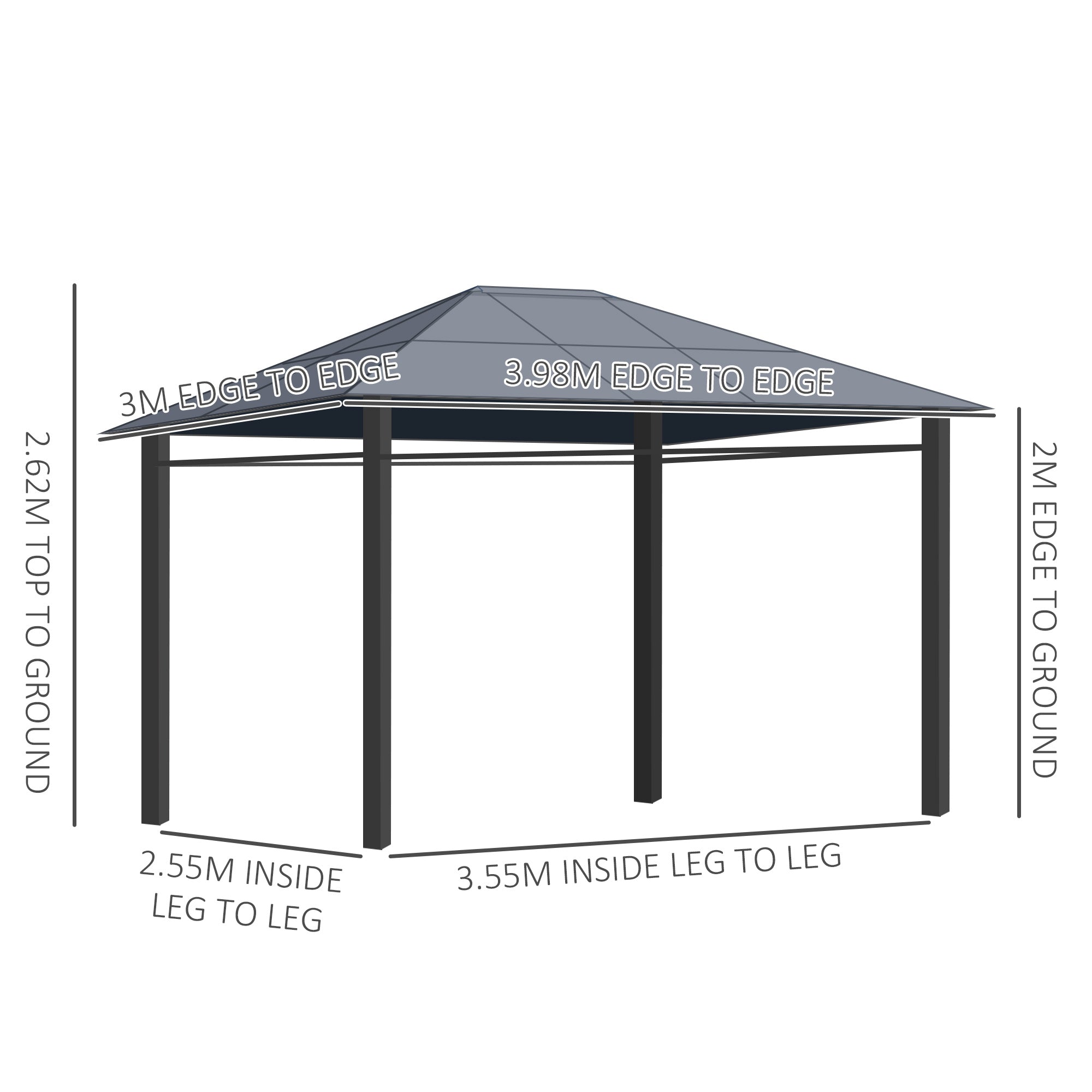 Hardtop Gazebo Garden Pavilion with UV Resistant Polycarbonate Roof, Curtains, Steel & Aluminium Frame, 3 x 4m, Grey