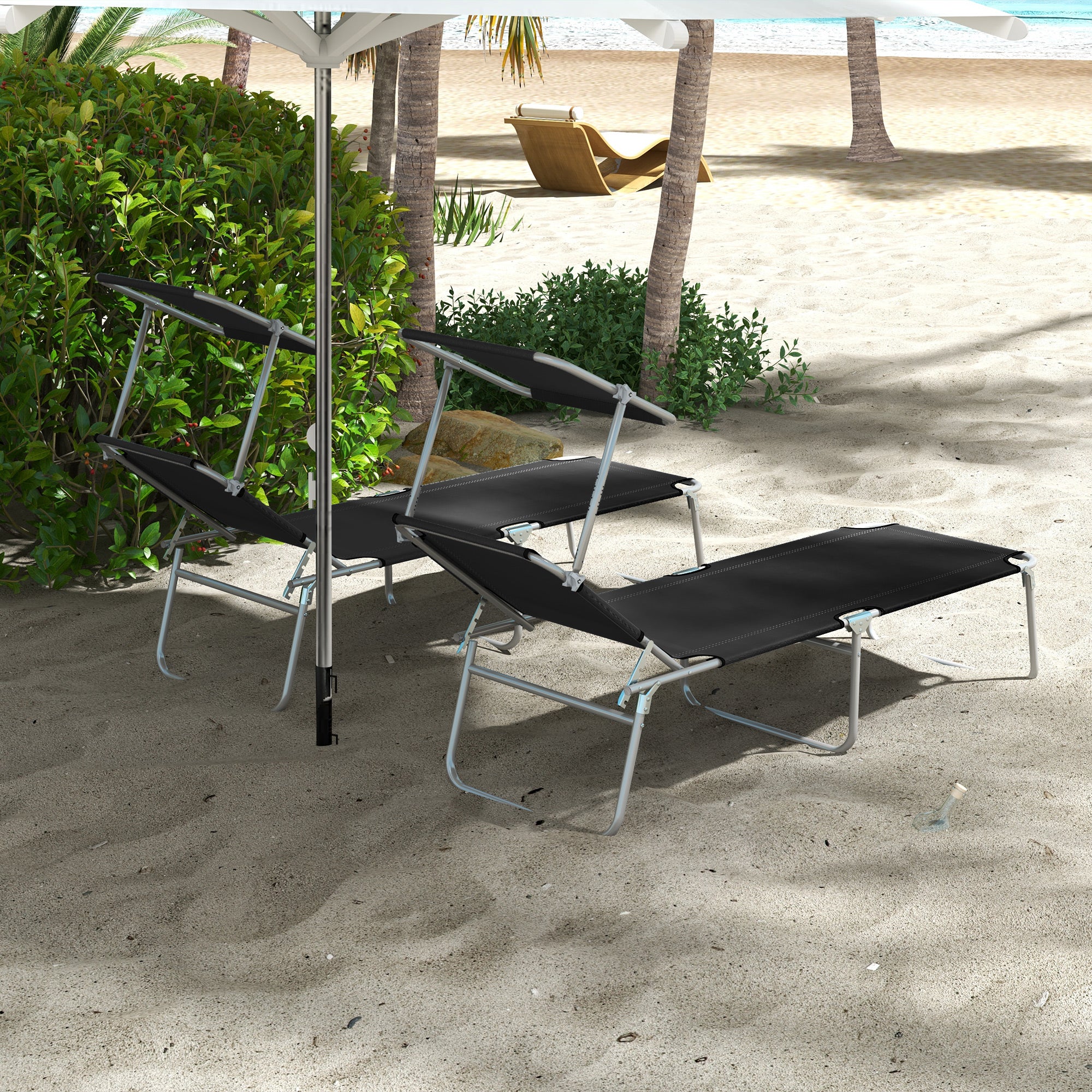 Foldable Sun Lounger Set of 2 with Sun Shade & Adjustable Backrest - Black