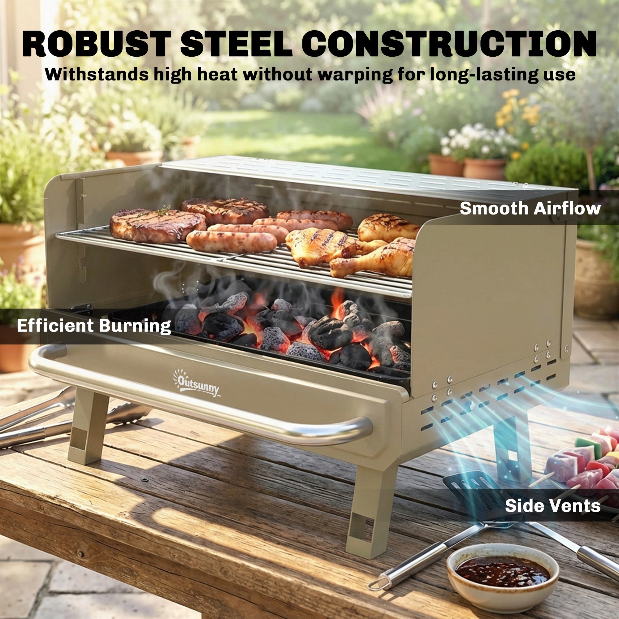 Portable BBQ Grill, Charcoal Barbecue Grill with Adjustable Grates, Foldable Legs, Side Shelf for Camping Travel, Khaki