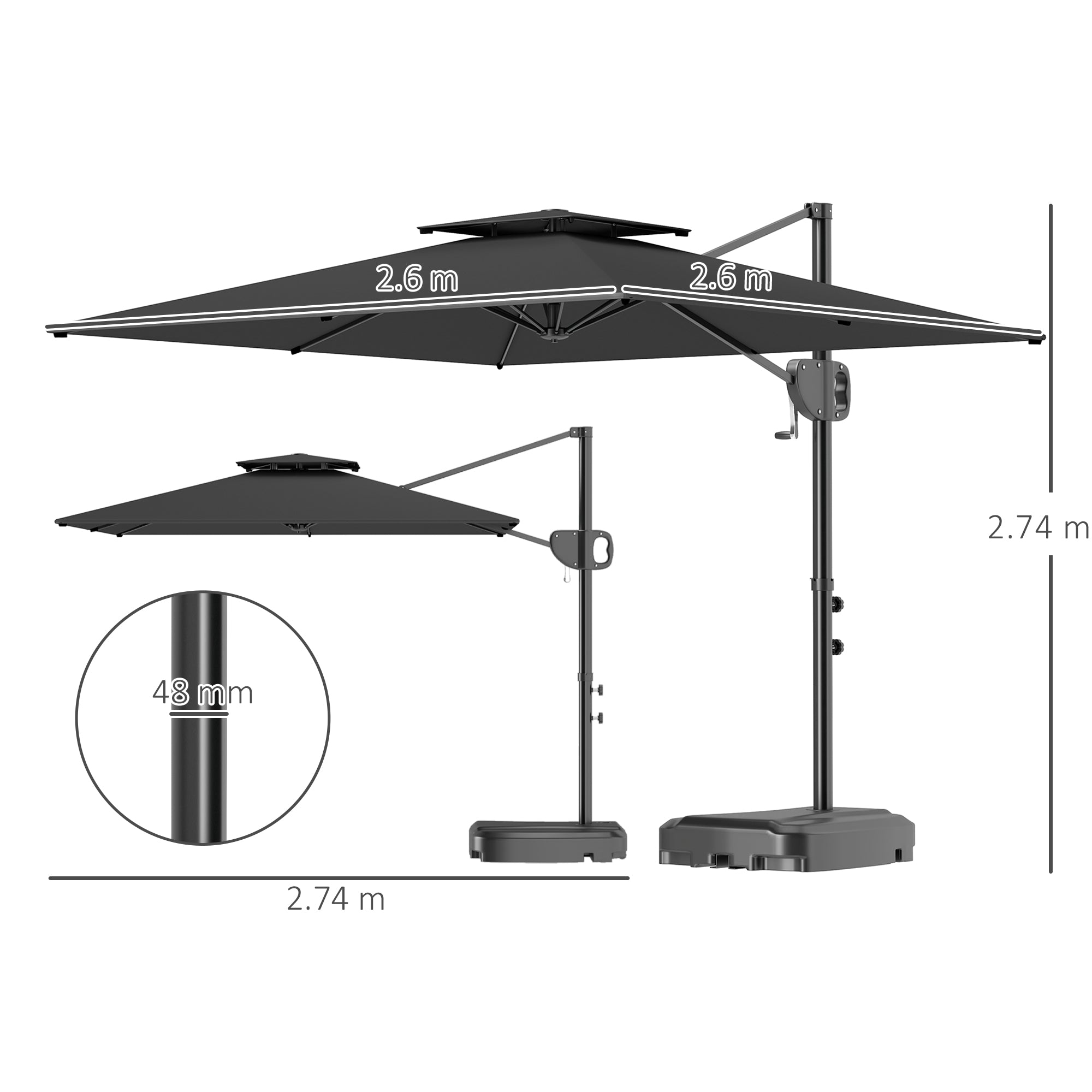 Cantilever Parasol with Weighted Base Double Top Garden Parasol Square Hanging Patio Umbrella with Crank Tilt Dark Grey