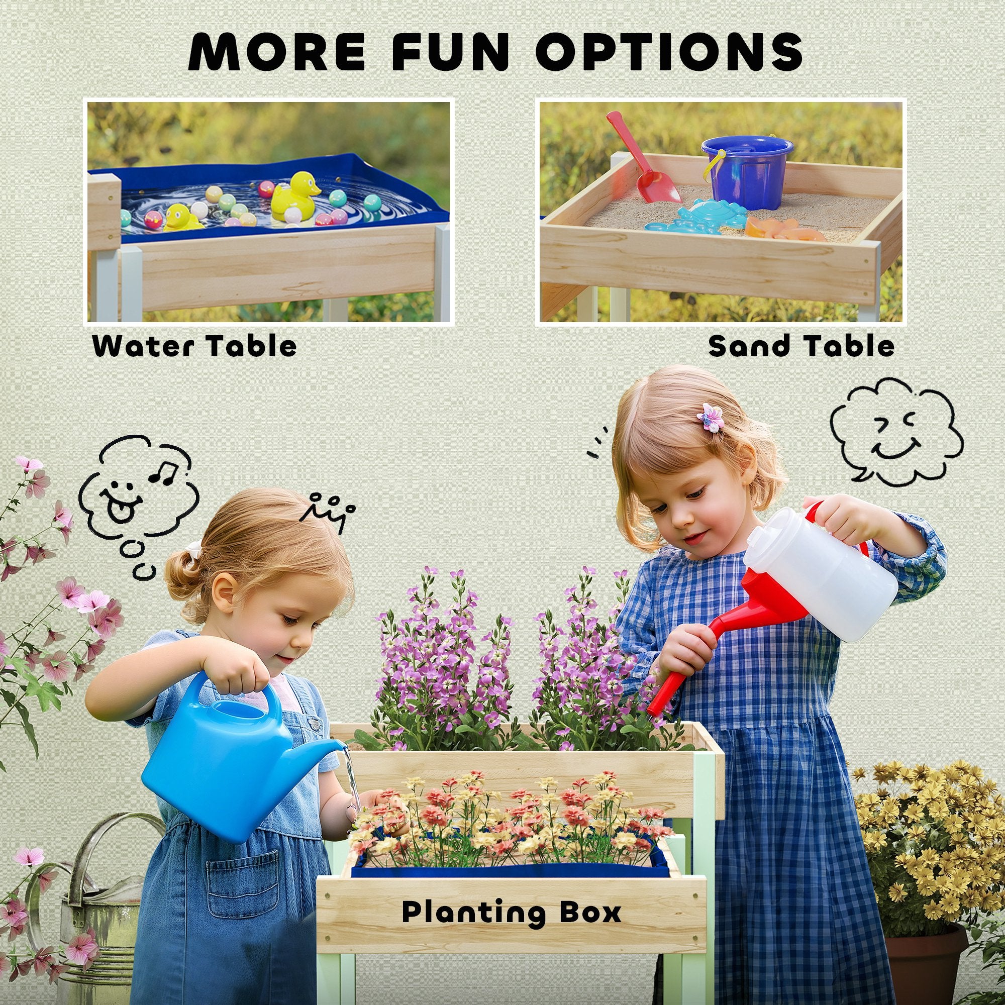 2 PCS Wooden Outdoor Sand and Water Play Tables with Bottom Liner for Kids Aged 3-8 Years Old, Natural Wood Finish