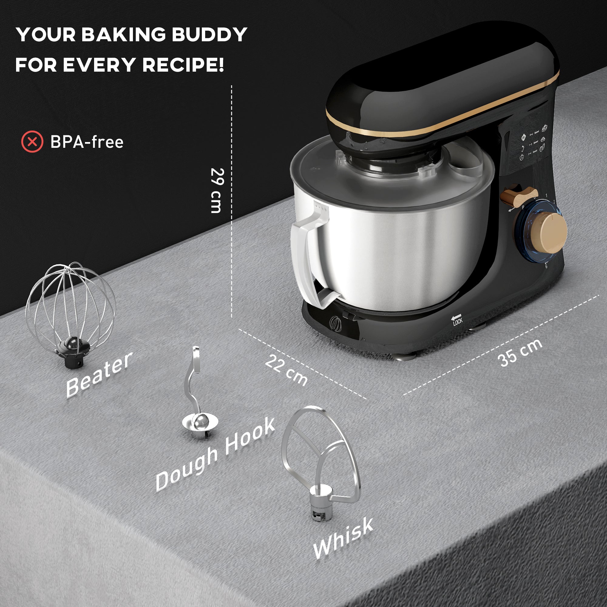 1300W Kitchen Stand Mixer with Accessories 4.5L Bowl - Black