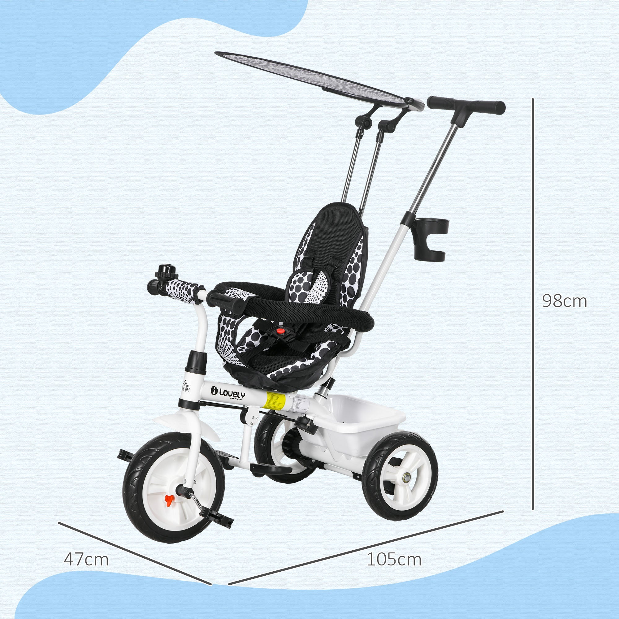 6 in 1 Tricycle for Kids with 5-point harness straps, Removable Canopy, White