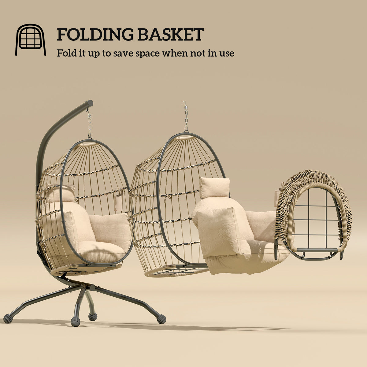 Hanging Egg Swing Chair with Folding Basket, Thick Cushion, Headrest & Cup Holder for Indoor Outdoor Patio Balcony - Khaki