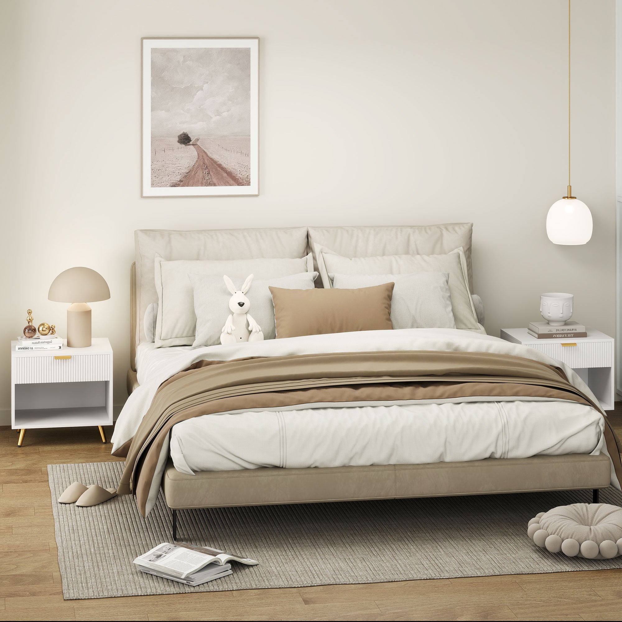 Bedside Tables Set of 2, Bedside Cabinets With Drawer and Open Compartment, Nightstands With Handle for Bedroom, Living Room, White